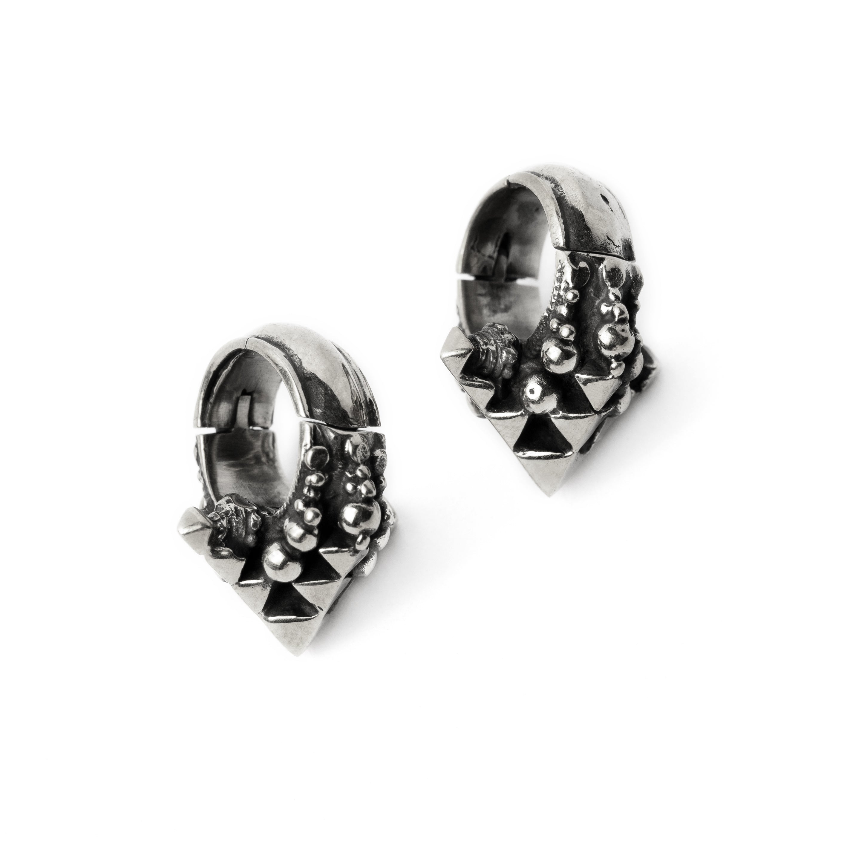 pair of silver Indian inspired geometric hoop ear hangers frontal side view