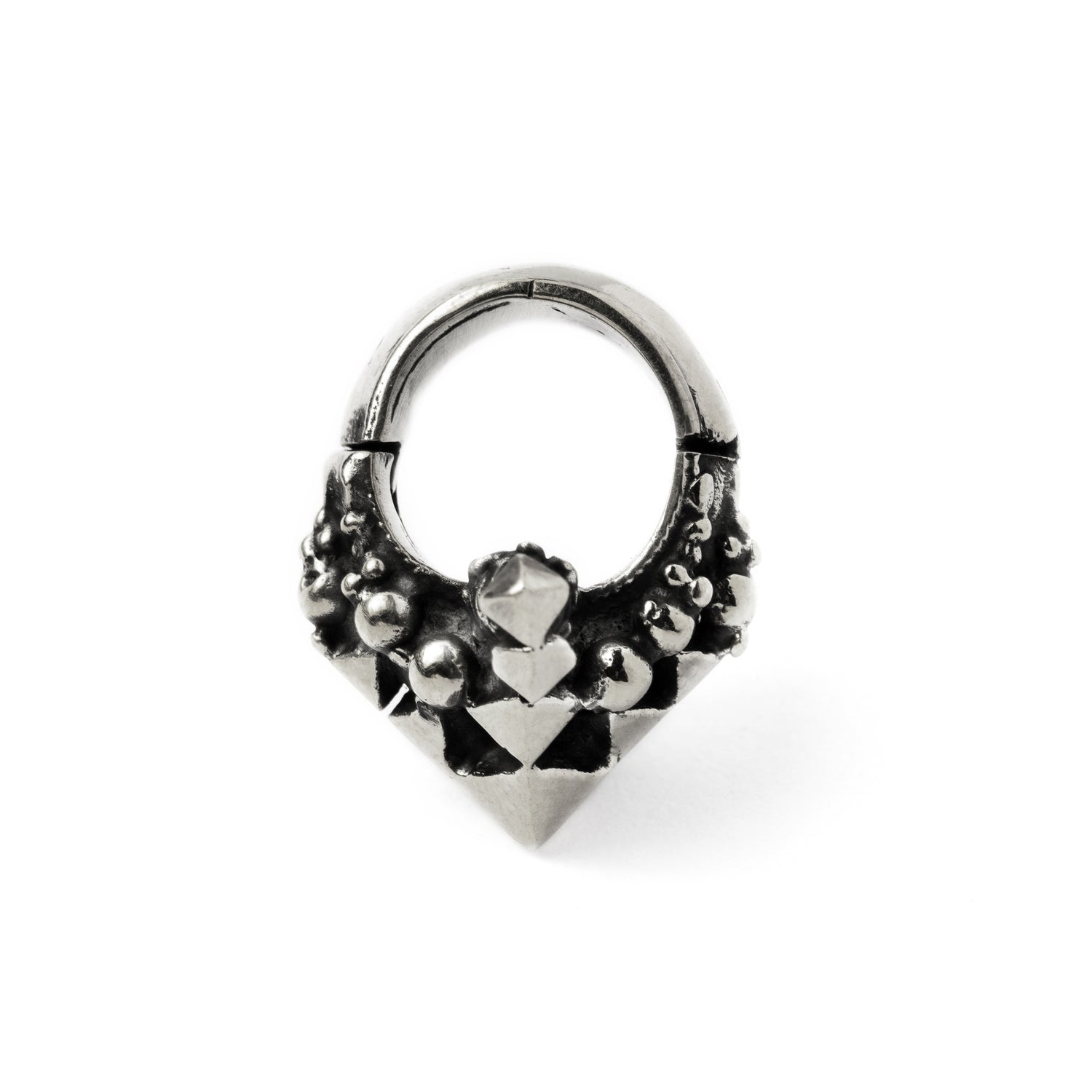 single silver Indian inspired geometric hoop ear hanger side view