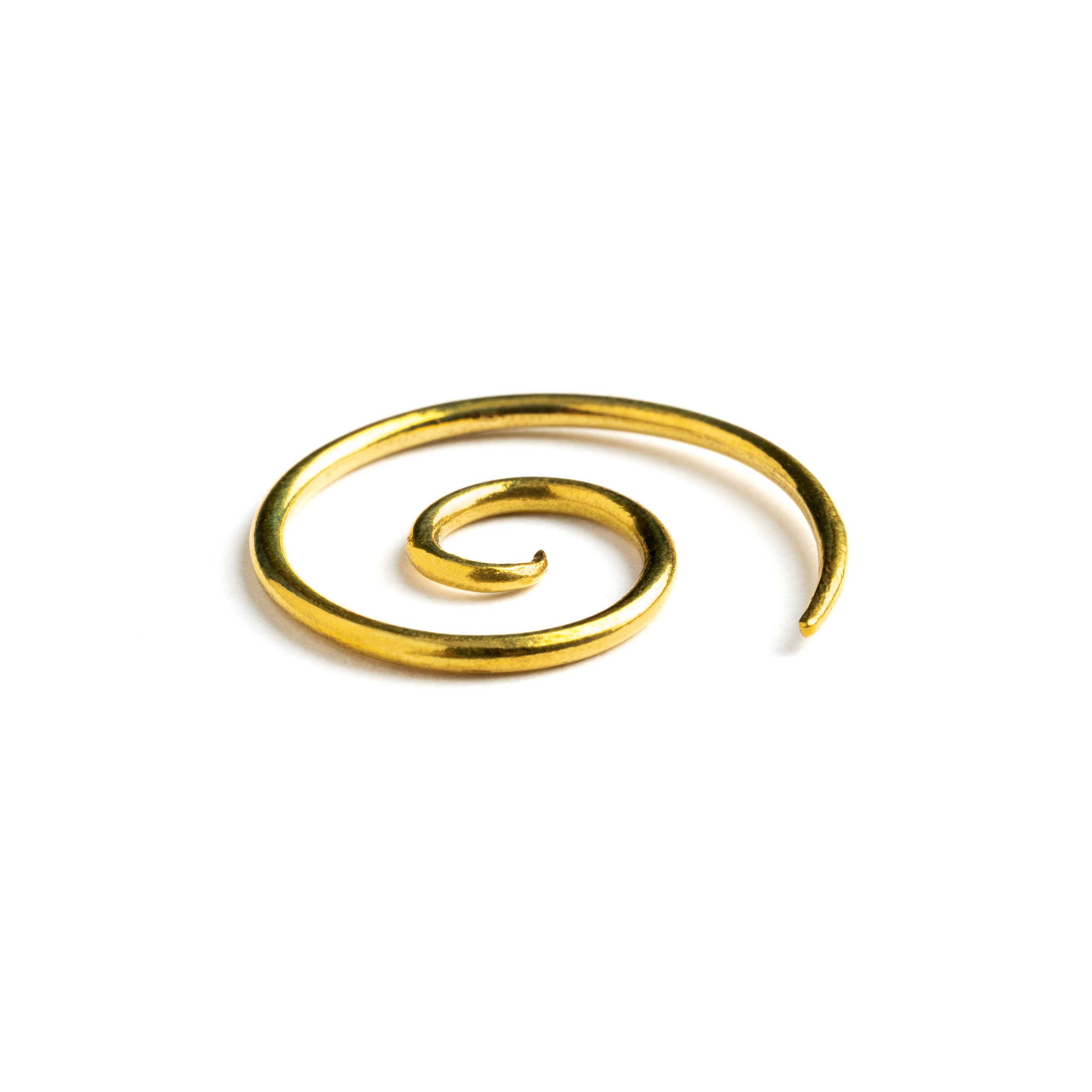 single golden brass spiral hoop earring front side view