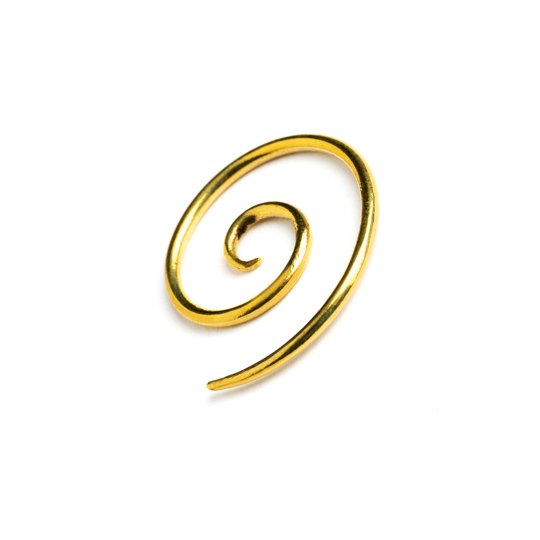 single golden brass spiral hoop earring right side view
