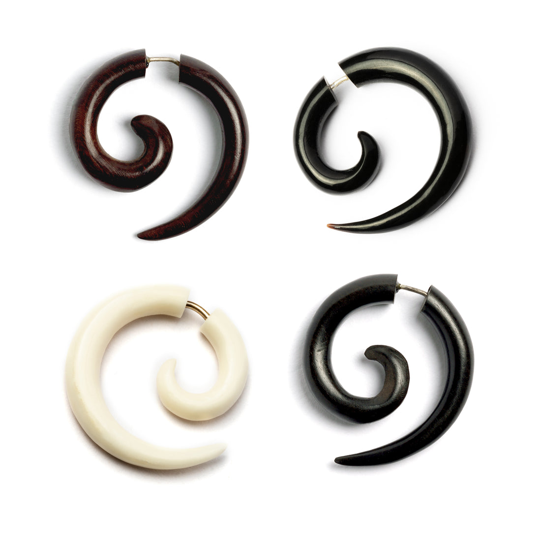 Koru Spiral Fake Gauge Earrings- bone, horn, rosewood, blackwood
