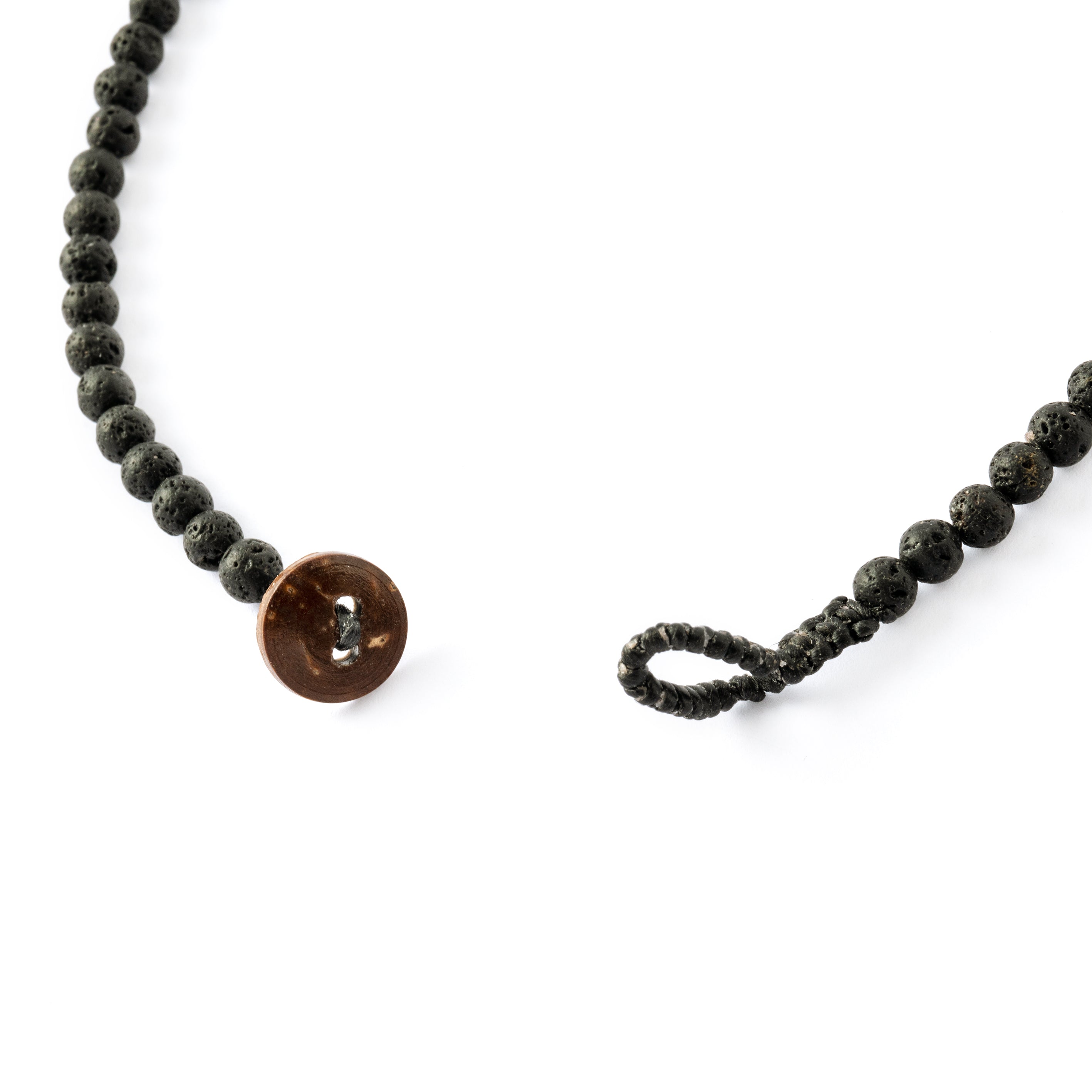 Lava Bead Necklace with Brass open button closure view