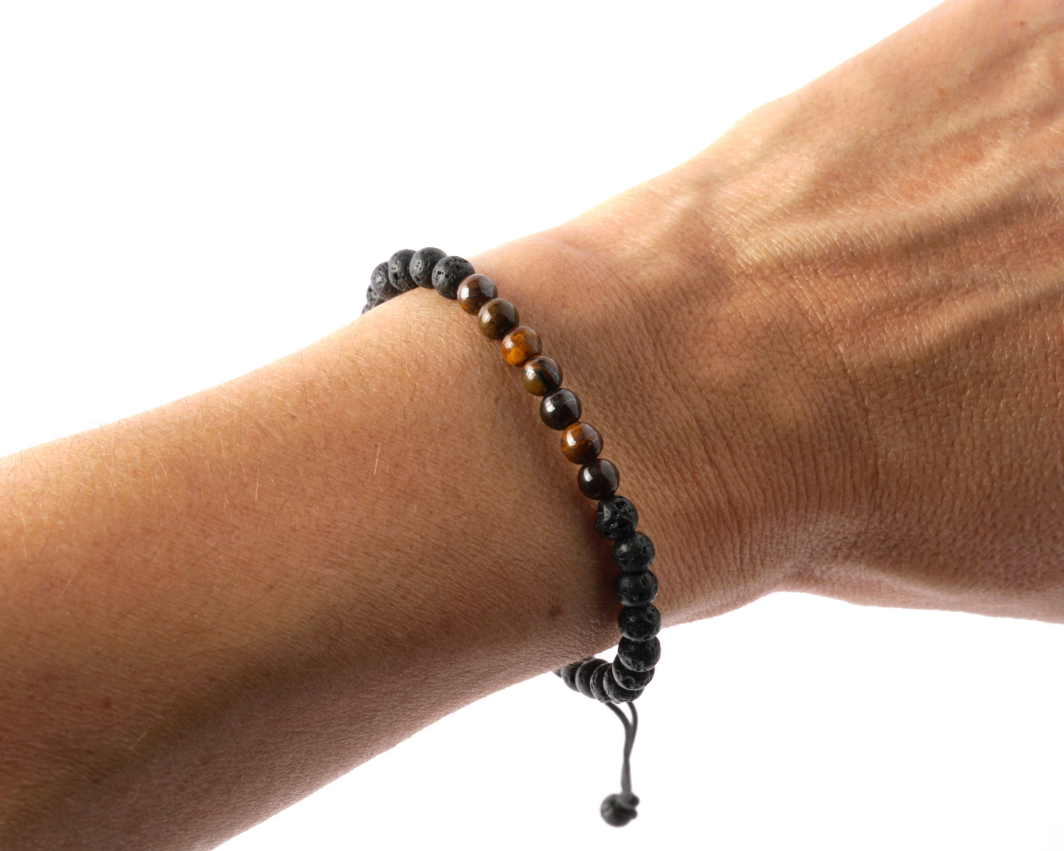 small size Lava &amp; Tiger Eye beads bracelet on a woman wrist