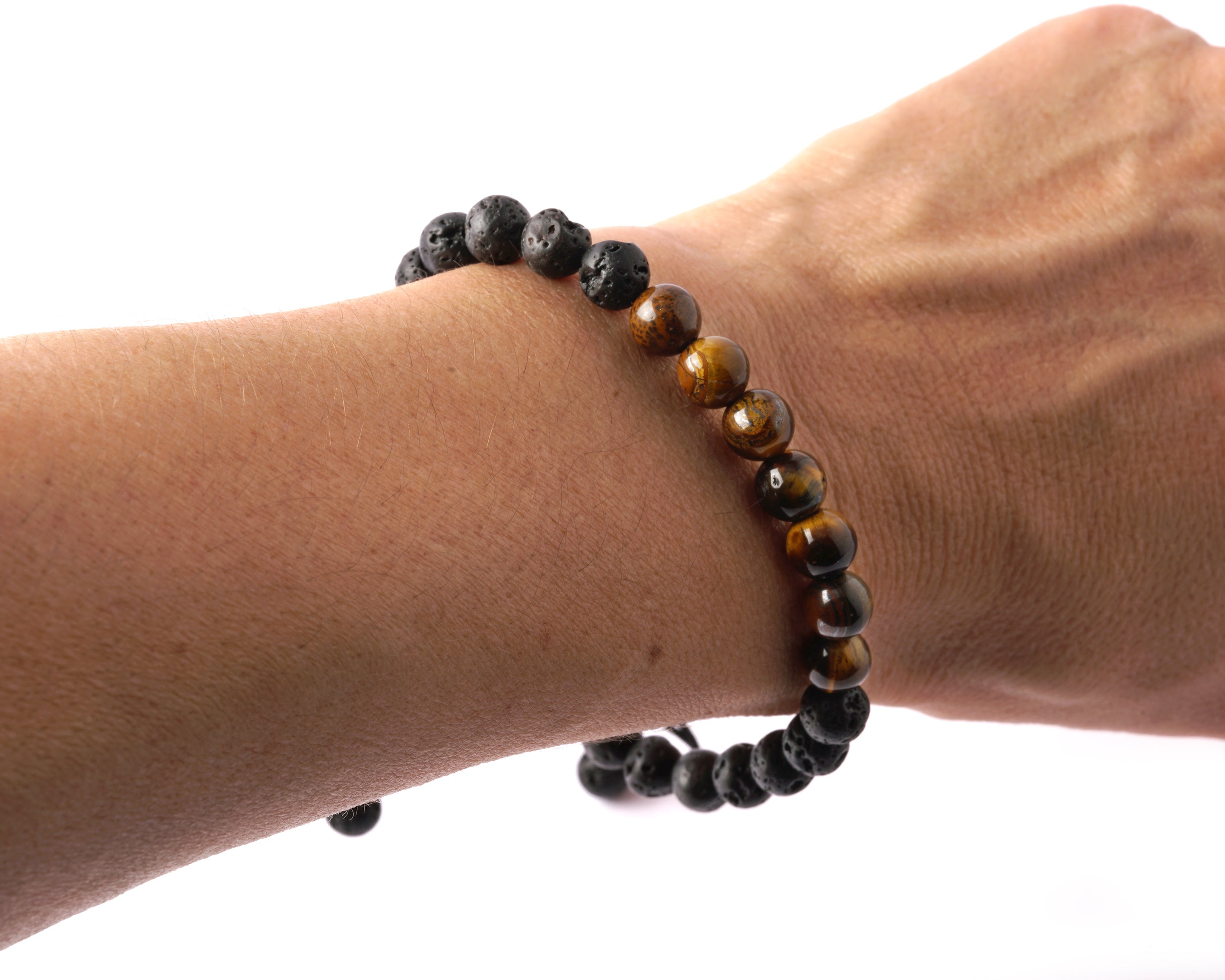 medium size Lava &amp; Tiger Eye beads bracelet on a woman wrist