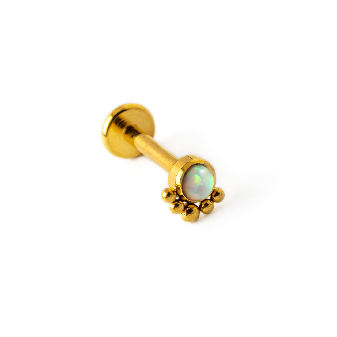 Layla golden surgical steel internally threaded labret with white opal left side view