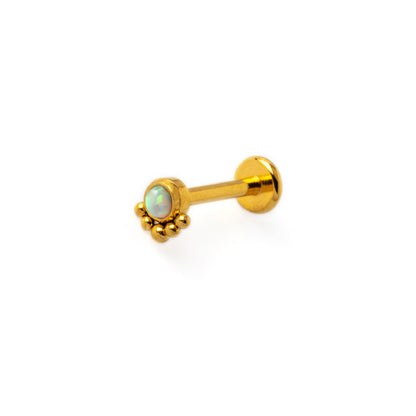 Layla golden surgical steel internally threaded labret with white opal right side view