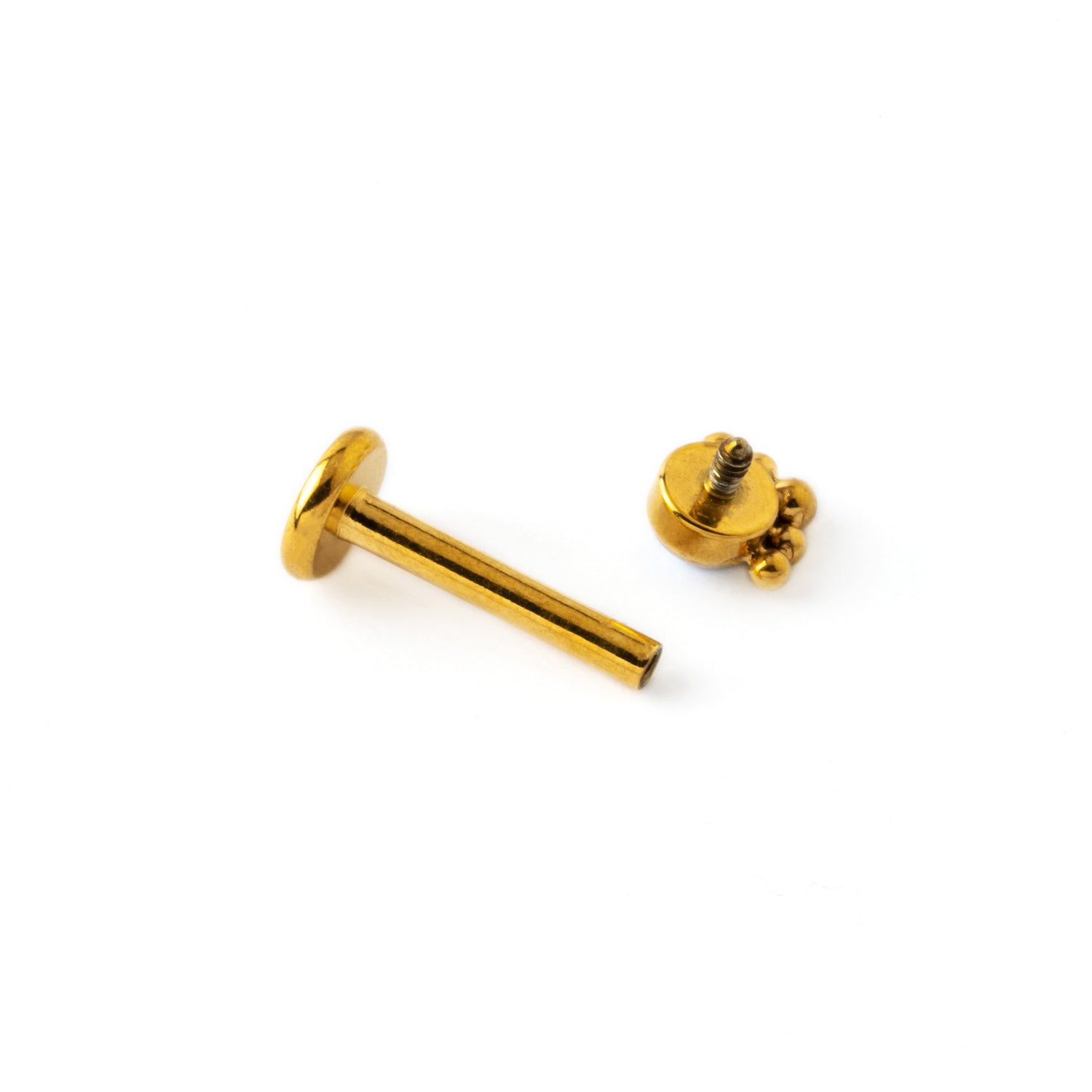 Layla golden surgical steel internally threaded labret with white opal open closure view