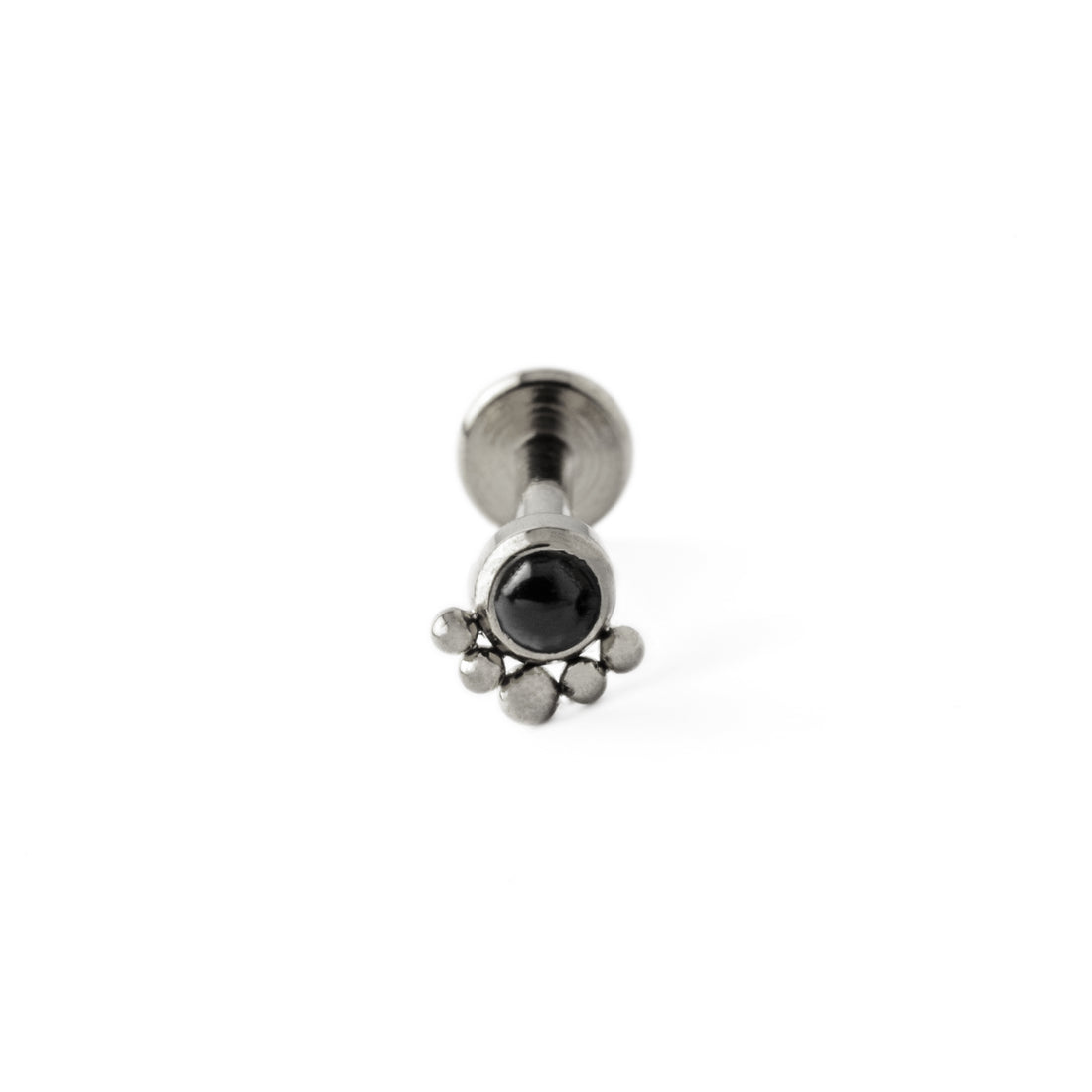 Layla surgical steel internally threaded labret with black Onyx frontal view