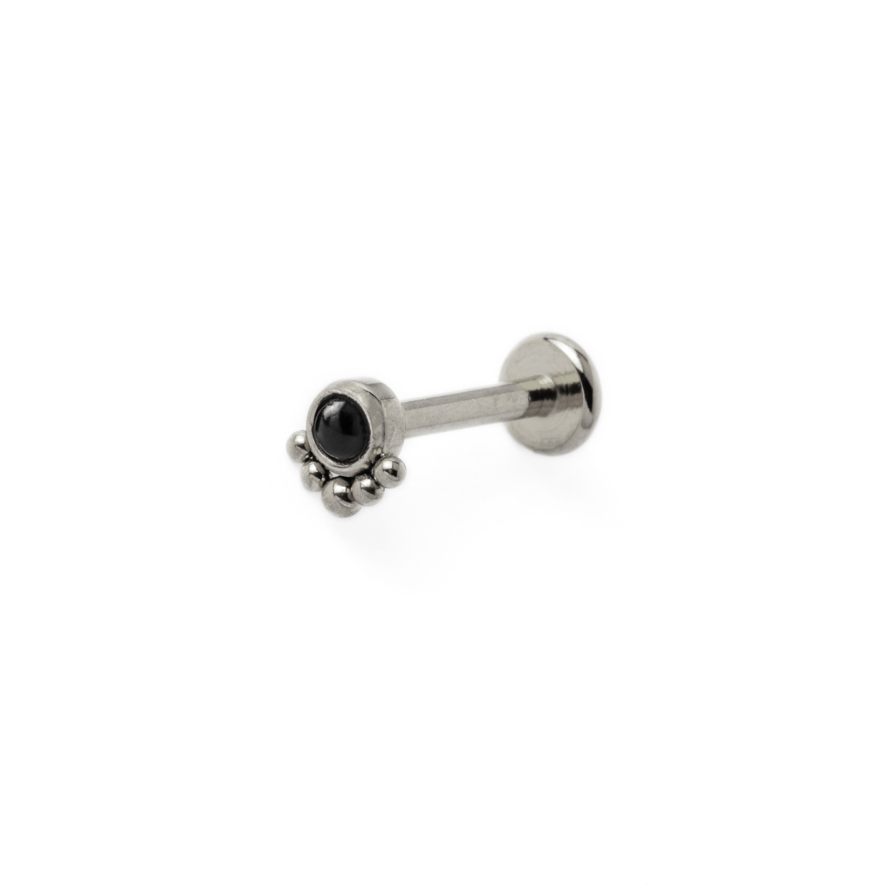 Layla surgical steel internally threaded labret with black Onyx right side view