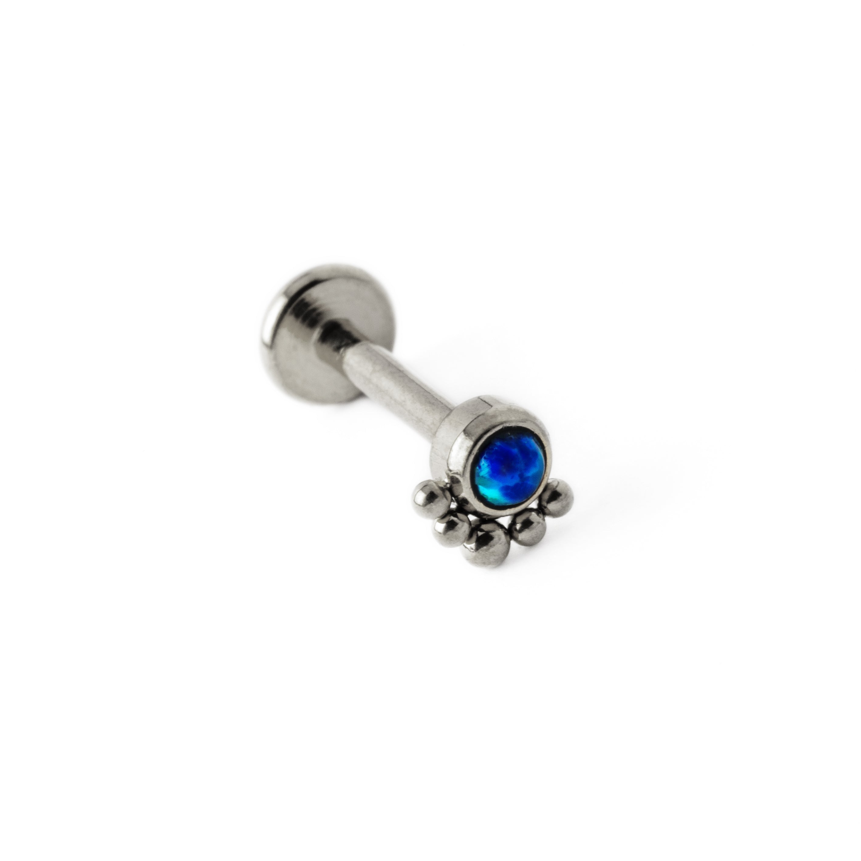 Layla surgical steel internally threaded labret with blue Opal left side view