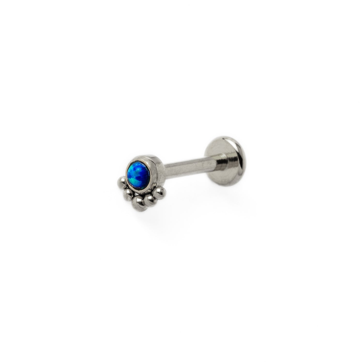 Layla surgical steel internally threaded labret with blue Opal right side view