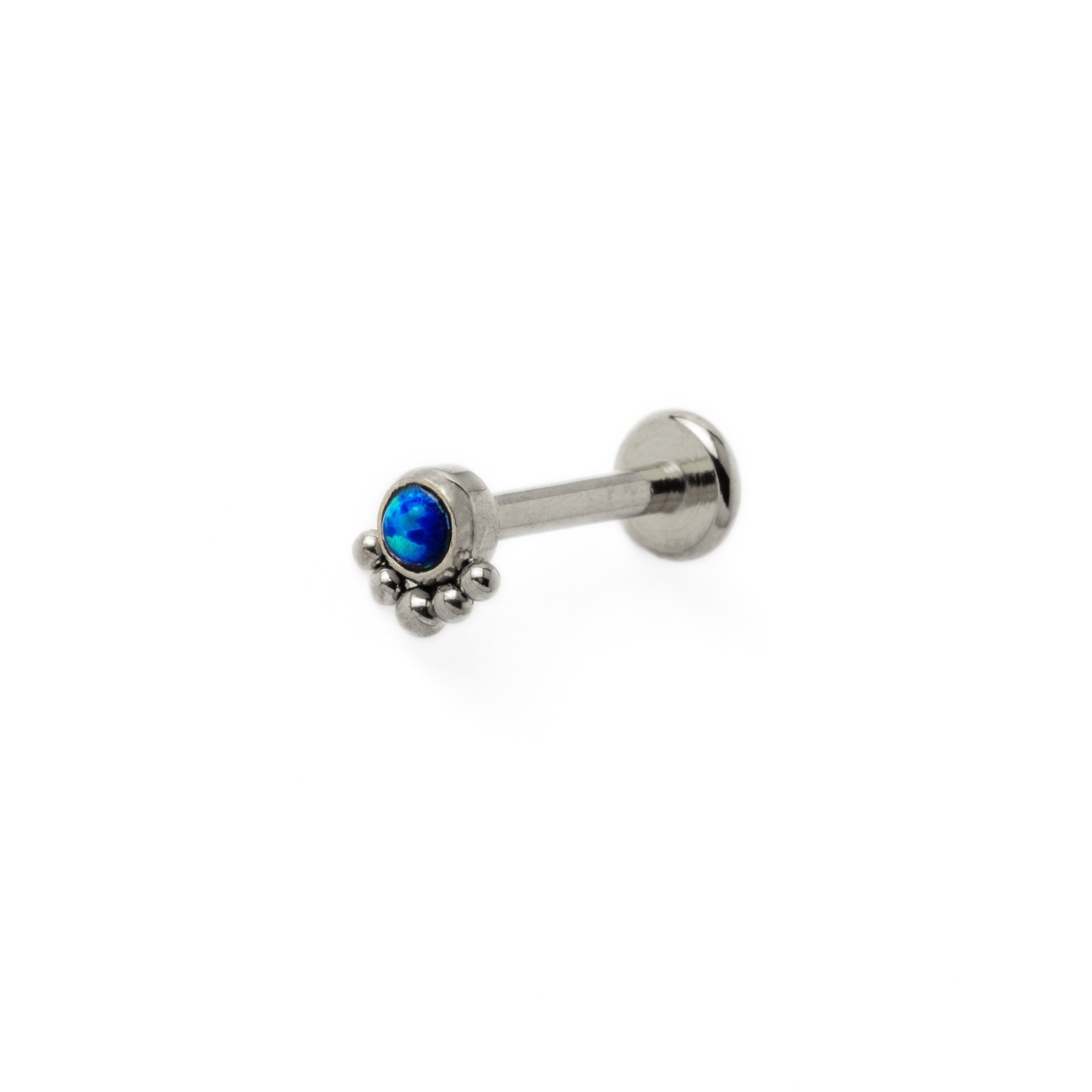 Layla surgical steel internally threaded labret with blue Opal right side view