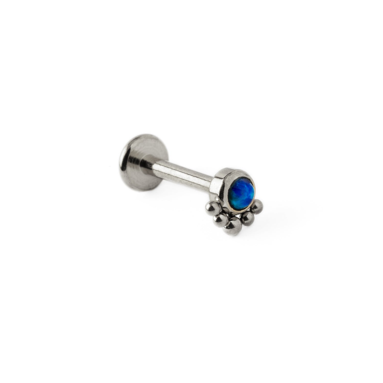 Layla surgical steel internally threaded labret with blue Opal left side view