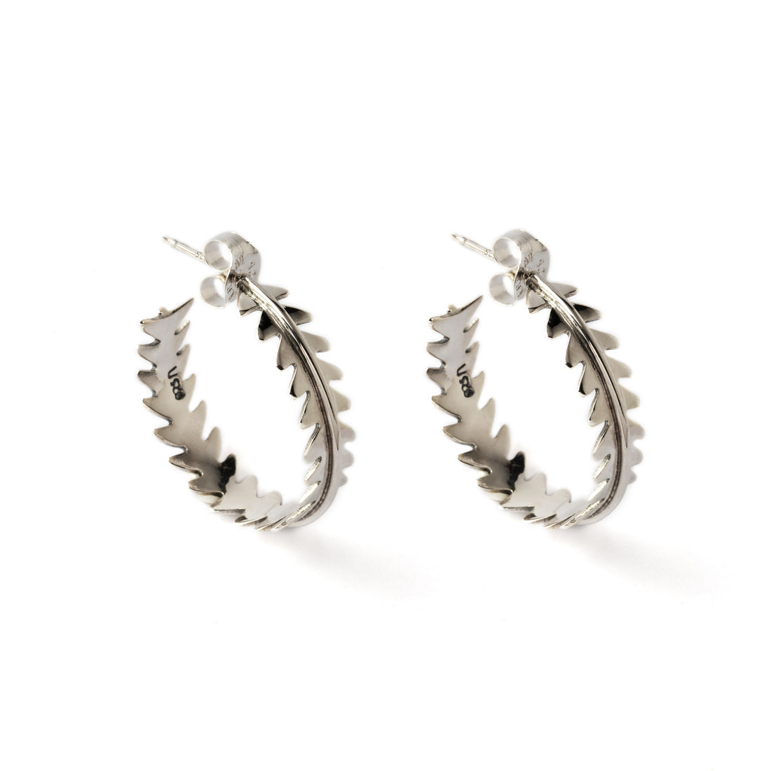 Sterling silver leaf shaped open hoops earrings with a push back closure side and frontal view