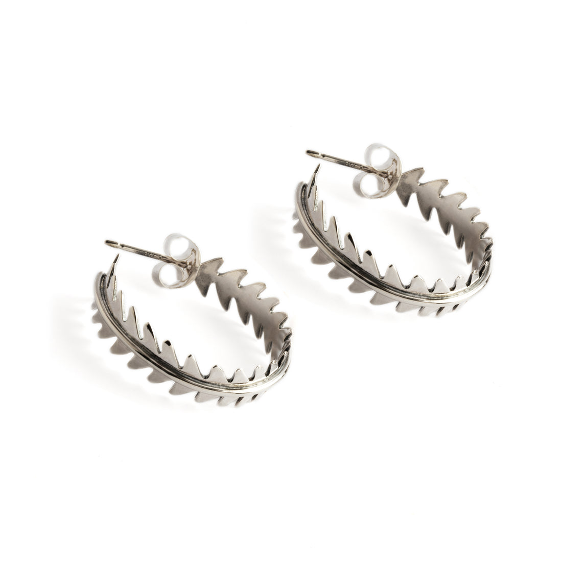 Sterling silver leaf shaped open hoops earrings with a push back closure front and back view