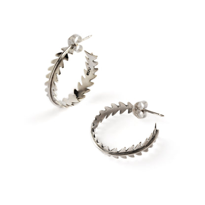 Sterling silver leaf shaped open hoops earrings with a push back closure front and side view