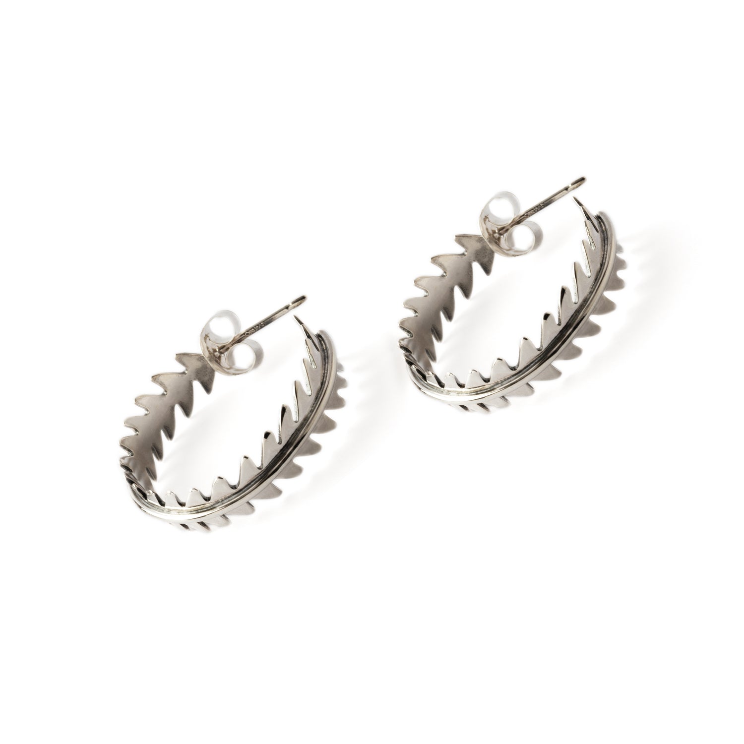 Sterling silver leaf shaped open hoops earrings with a push back closure back view