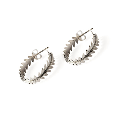 Sterling silver leaf shaped open hoops earrings with a push back closure back view