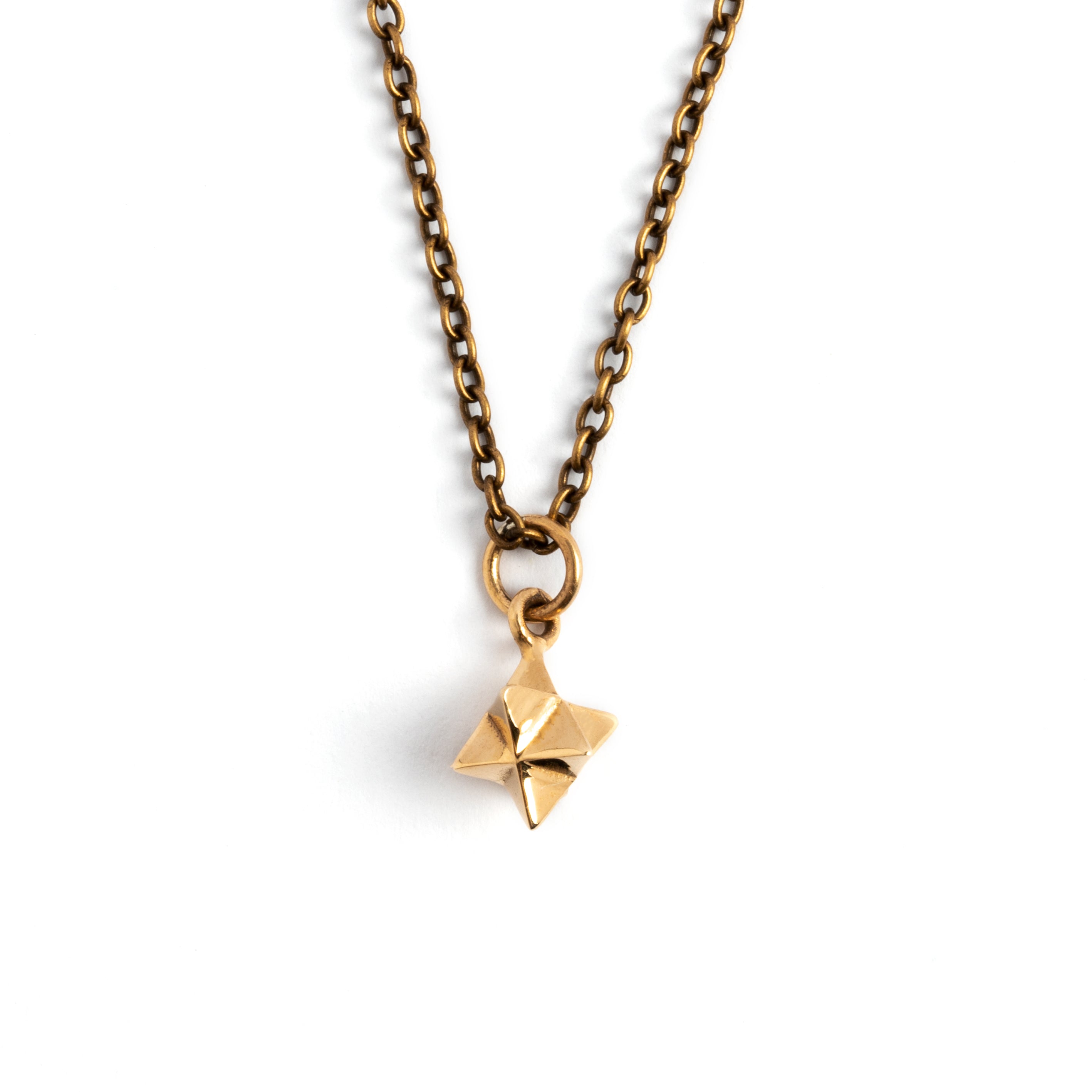 Tiny Bronze Merkaba Charm necklace frontal view