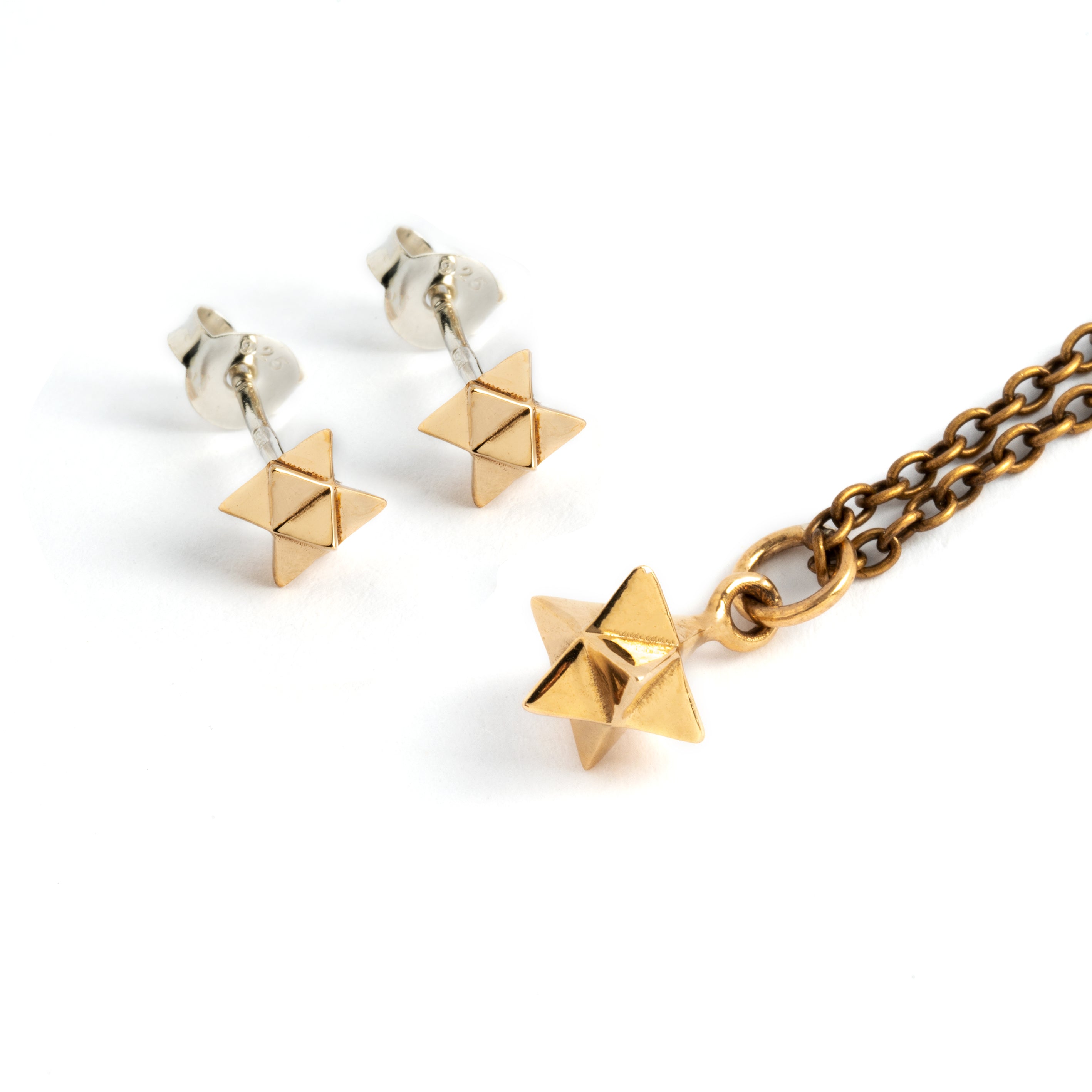 Bronze Merkaba Ear Studs and Merkaba charm necklace