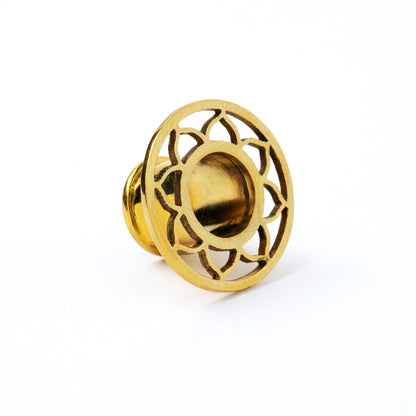 single golden brass Lotus outlines ear tunnel front right view