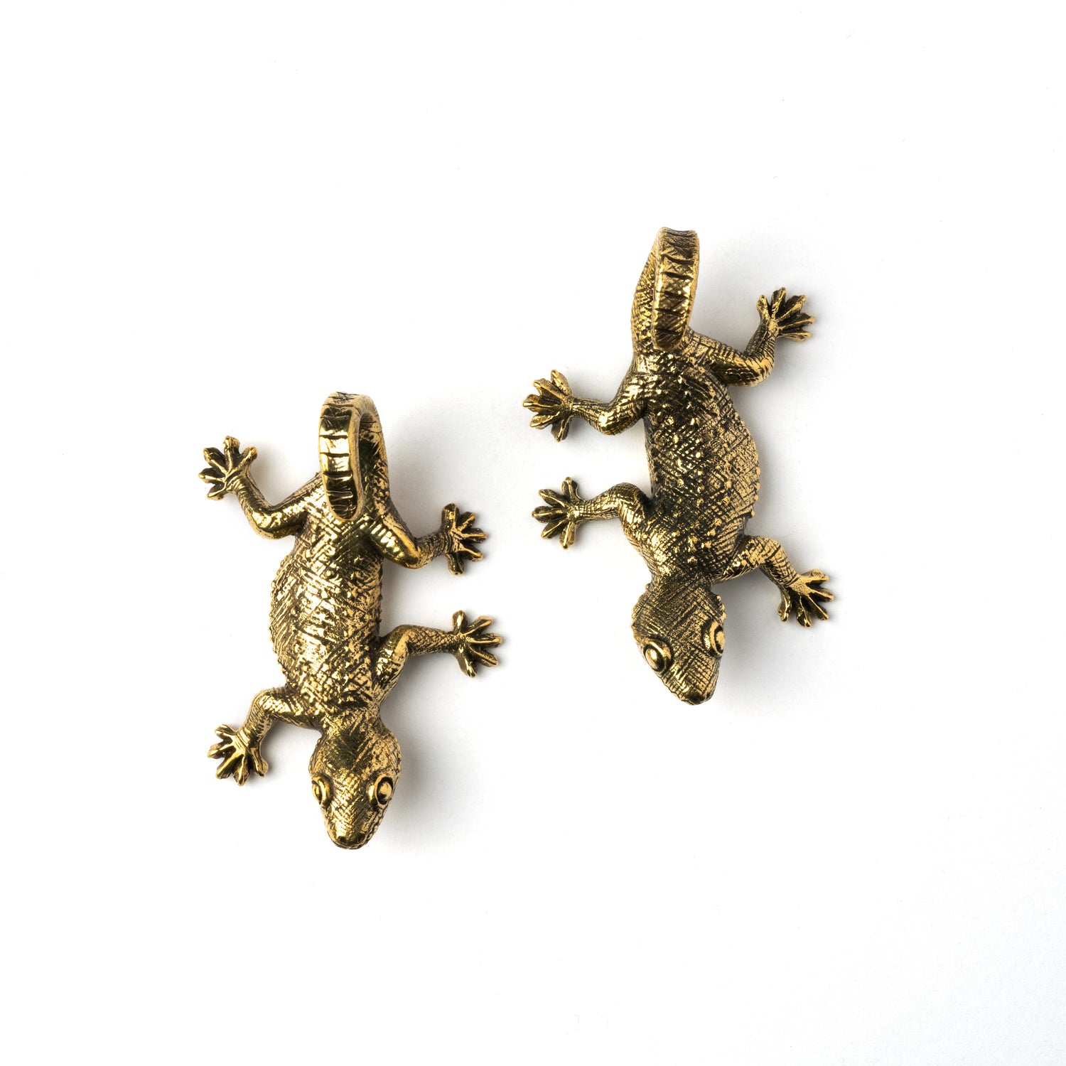 pair of gold brass lizard ear hangers frontal view