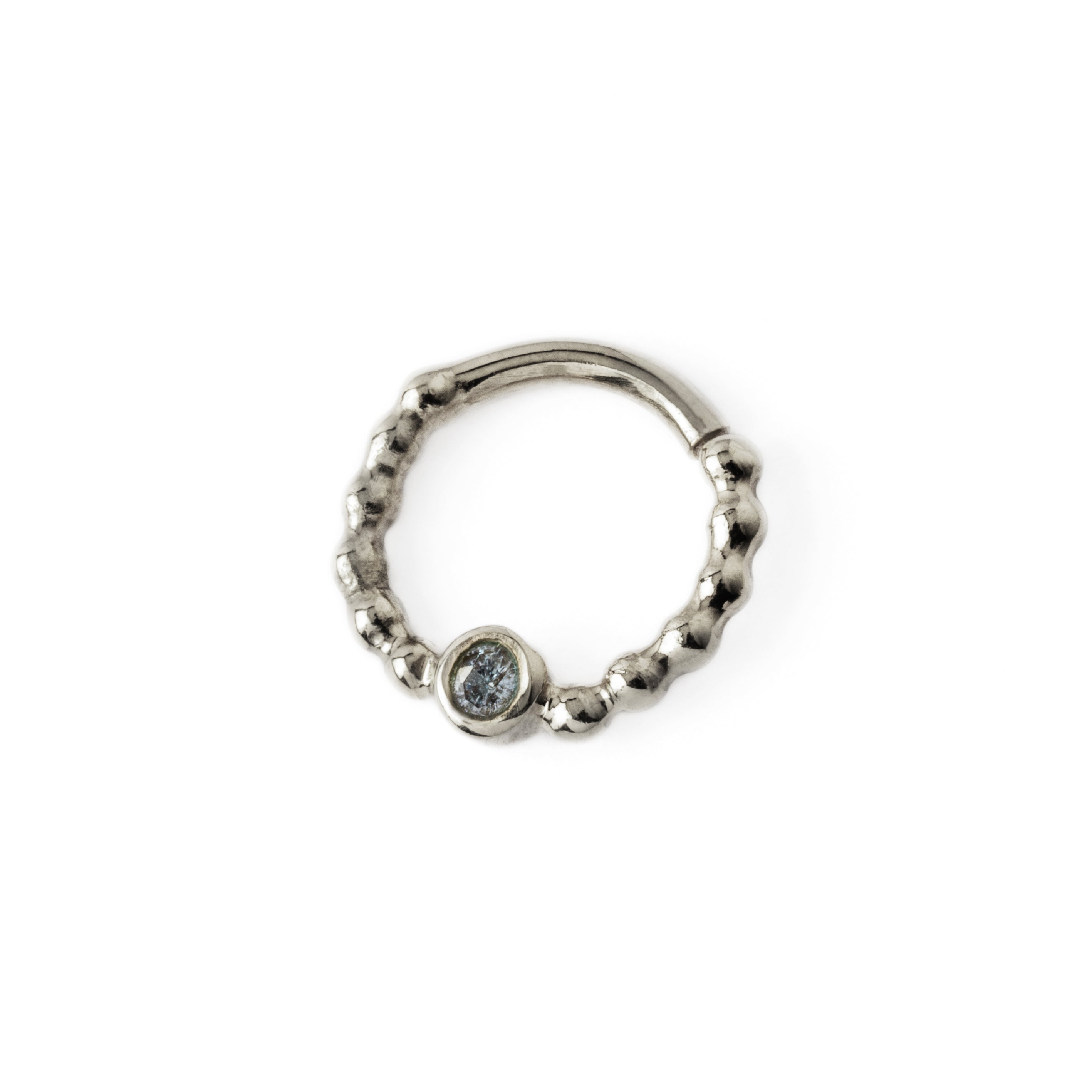 sterling silver dotted septum ring with Lolite gemstone left side view
