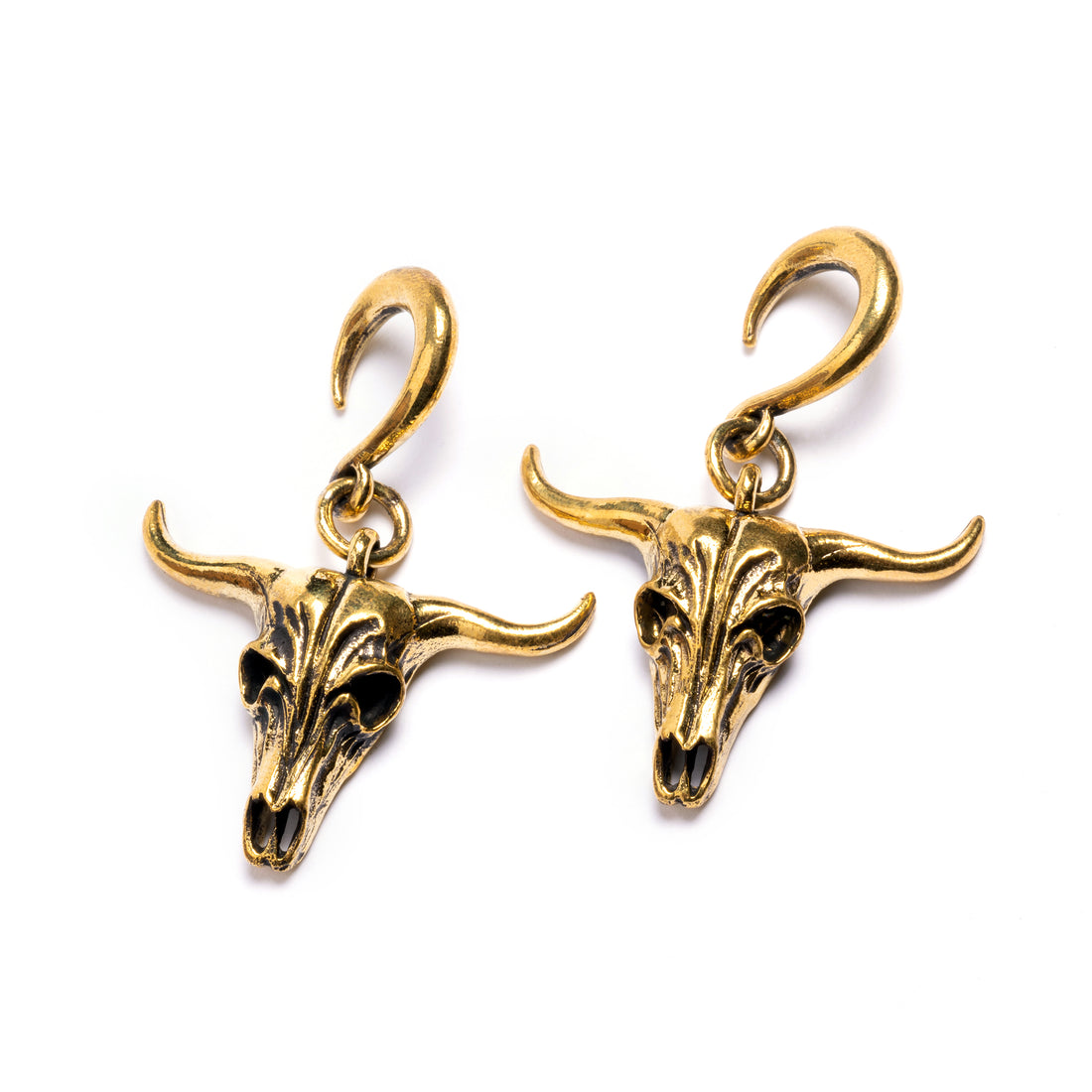 pair of gold brass longhorn skull ear weights hangers frontal view