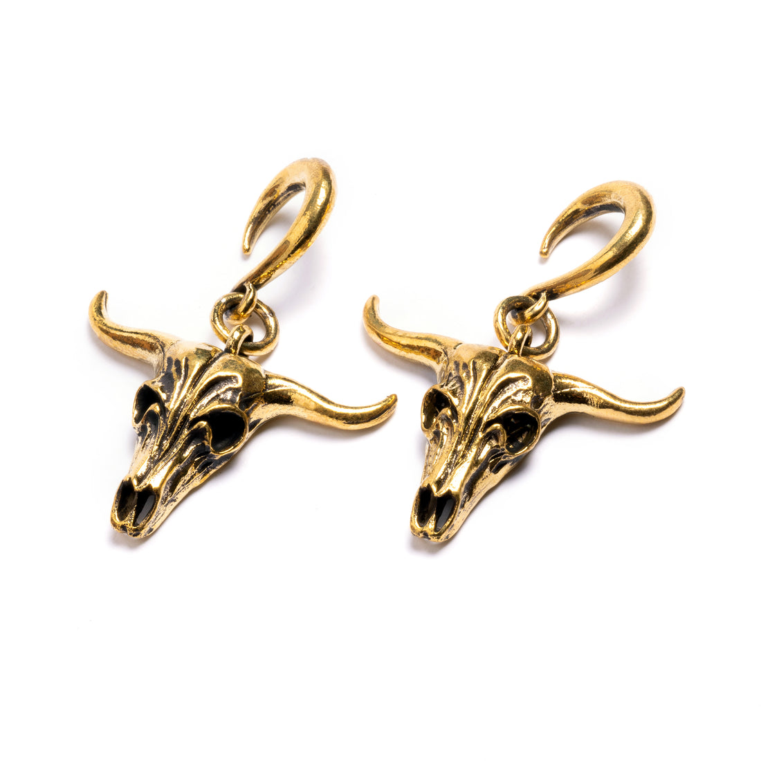 pair of gold brass longhorn skull ear weights hangers right front view