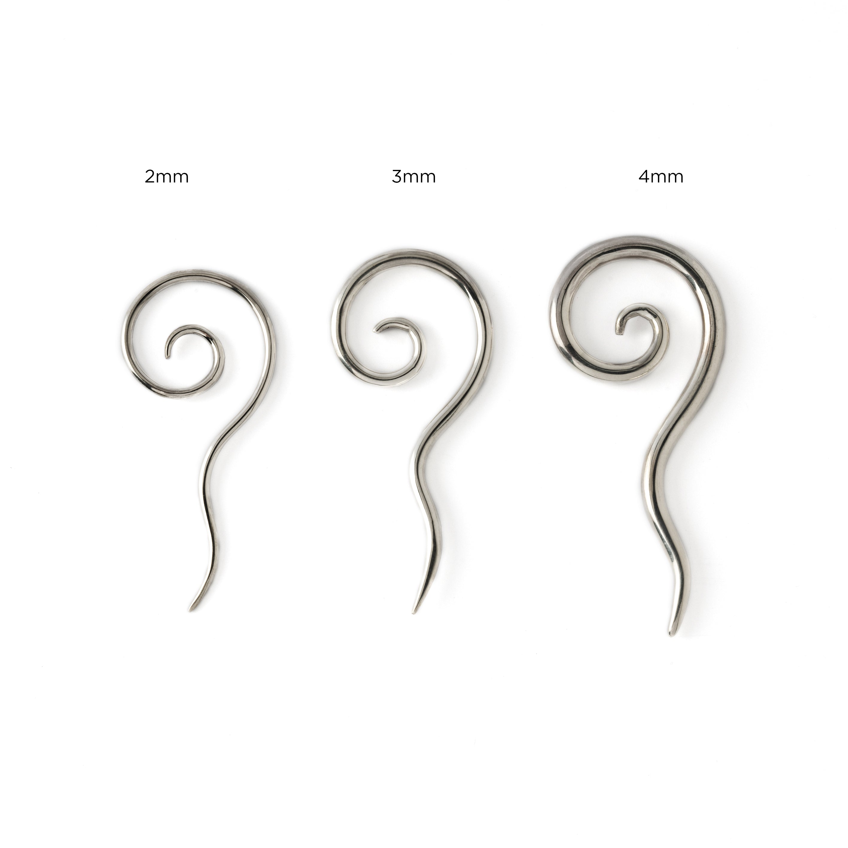 2MM, 3MM, 4MM SILVER LONG TAILED SPIRAL EAR STRETCHERS HANGER SIDE VIEW