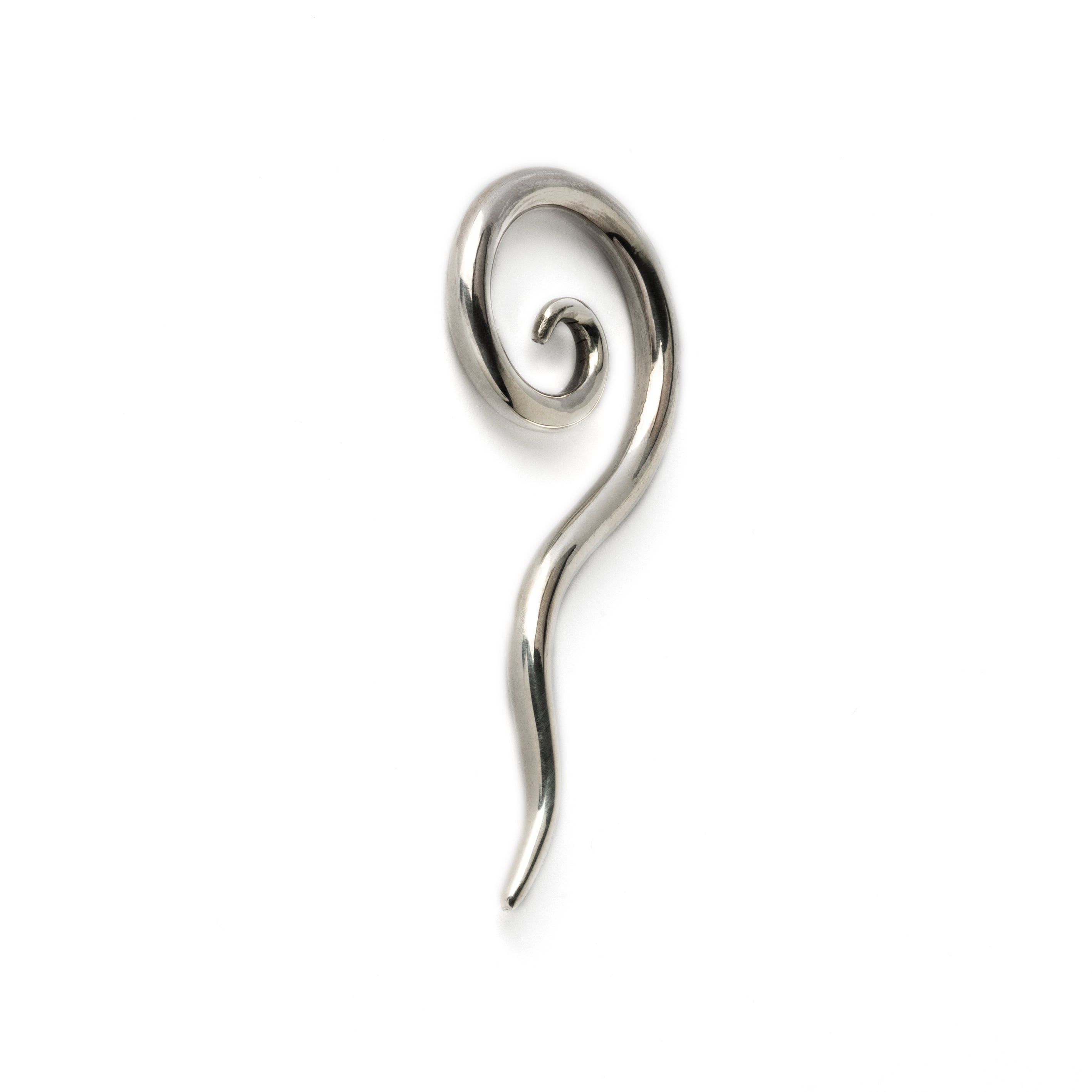 SINGLE SILVER LONG TAILED SPIRAL EAR STRETCHER HANGER FRONT VIEW
