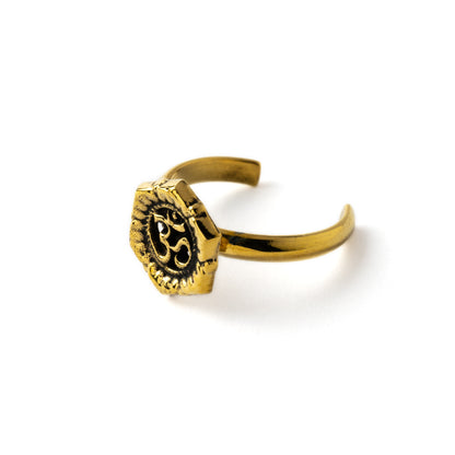 golden brass Lotus Om toe ring left side view