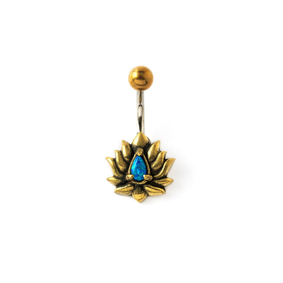 Oxidised golden brass lotus flower belly bar with Blue Opal frontal view