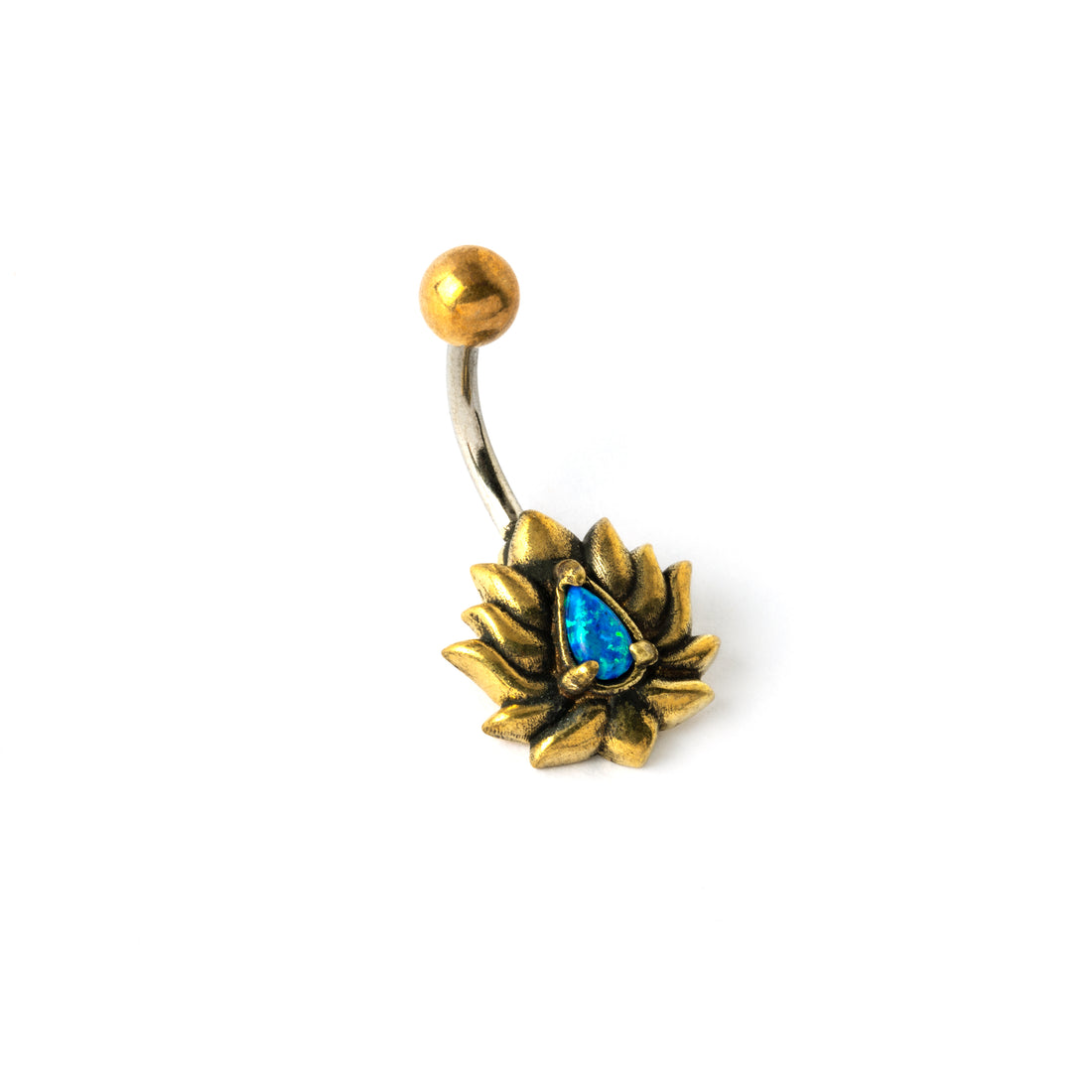 Oxidised golden brass lotus flower belly bar with Blue Opal right side view