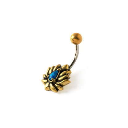 Oxidised golden brass lotus flower belly bar with Blue Opal left side view
