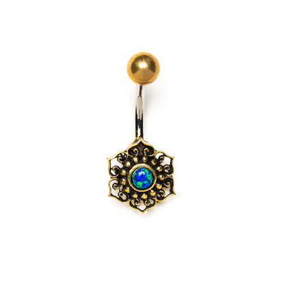 Tribal Flower with Blue Opal Belly Bar frontal view