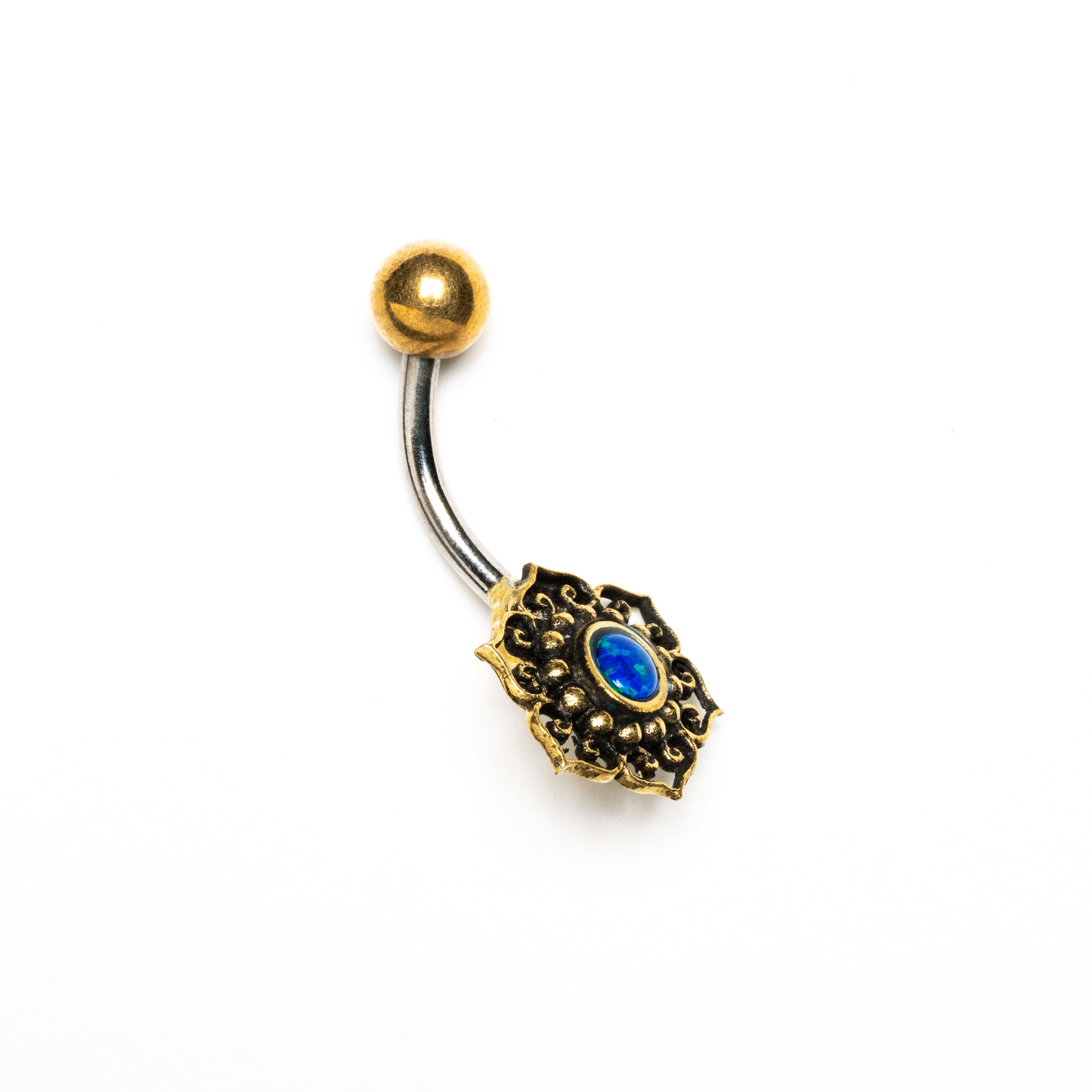 Tribal Flower with Blue Opal Belly Bar side view