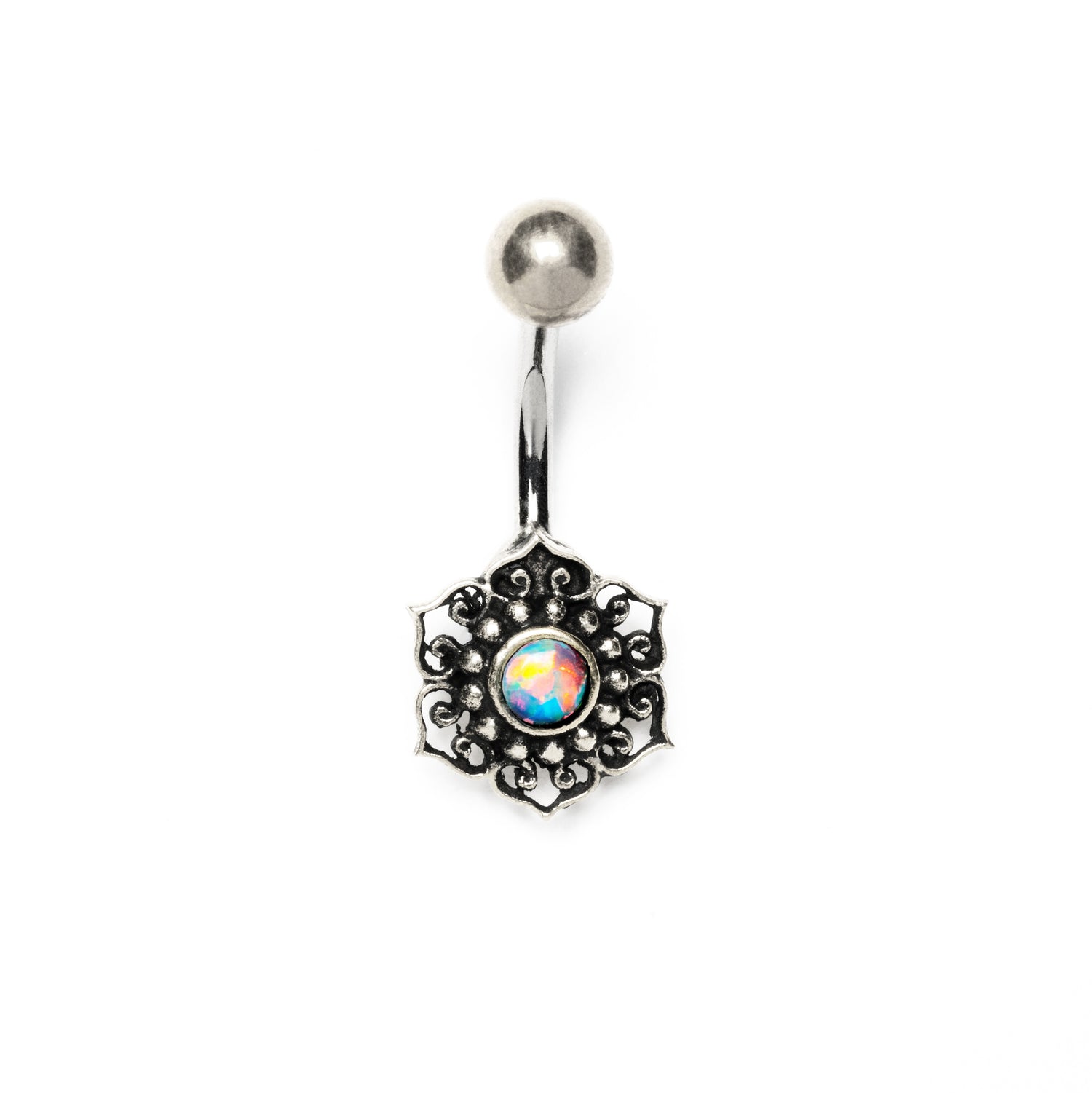 Silver Tribal Flower with Opal Belly Bar frontal view
