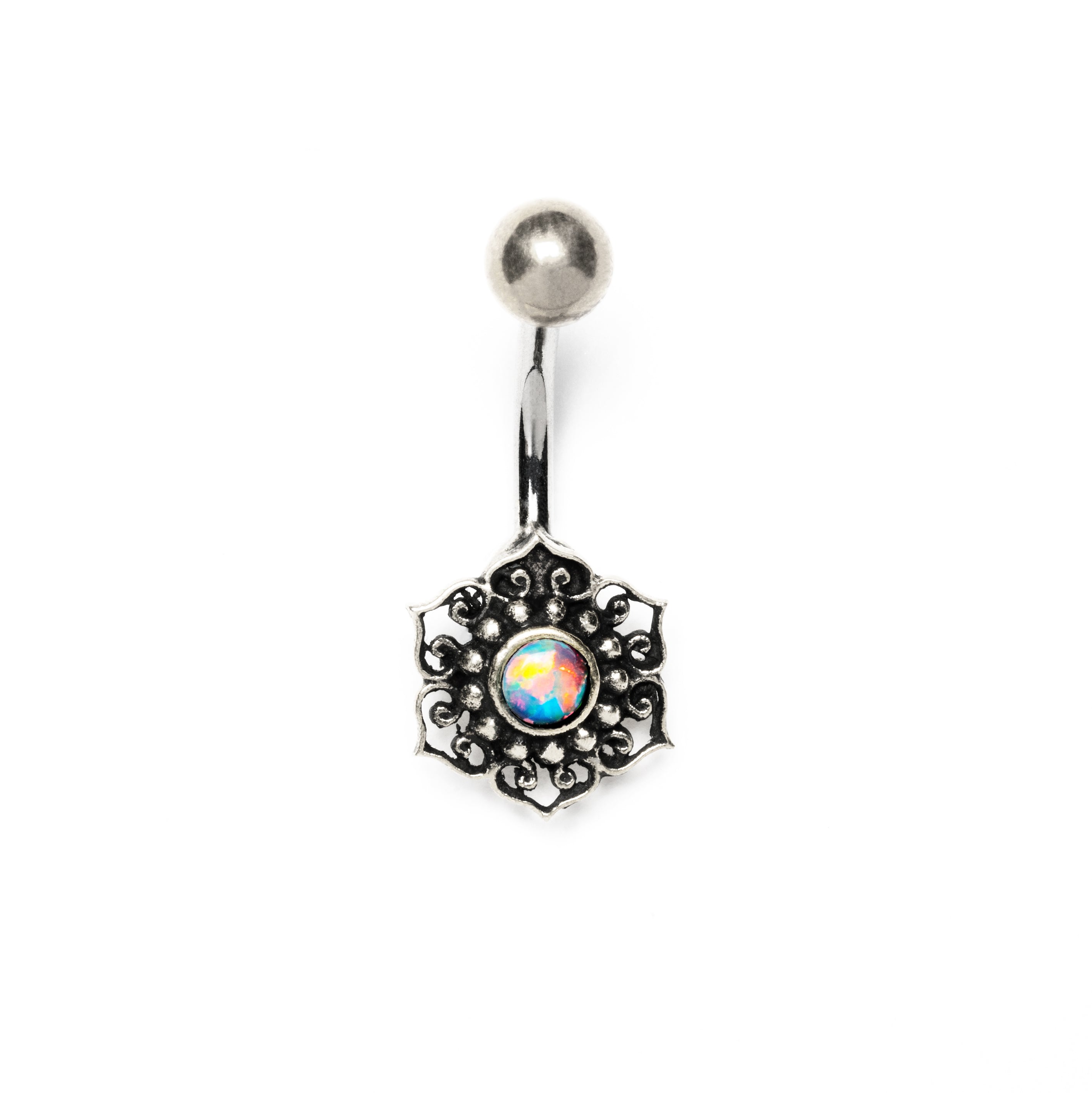 Silver Tribal Flower with Opal Belly Bar frontal view