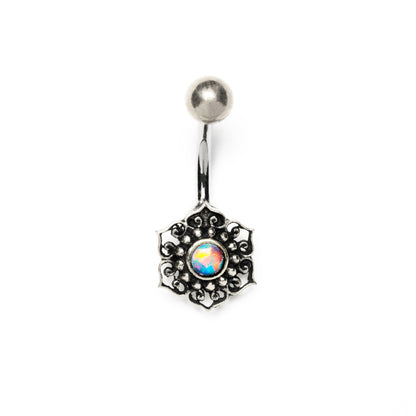 Silver Tribal Flower with Opal Belly Bar frontal view