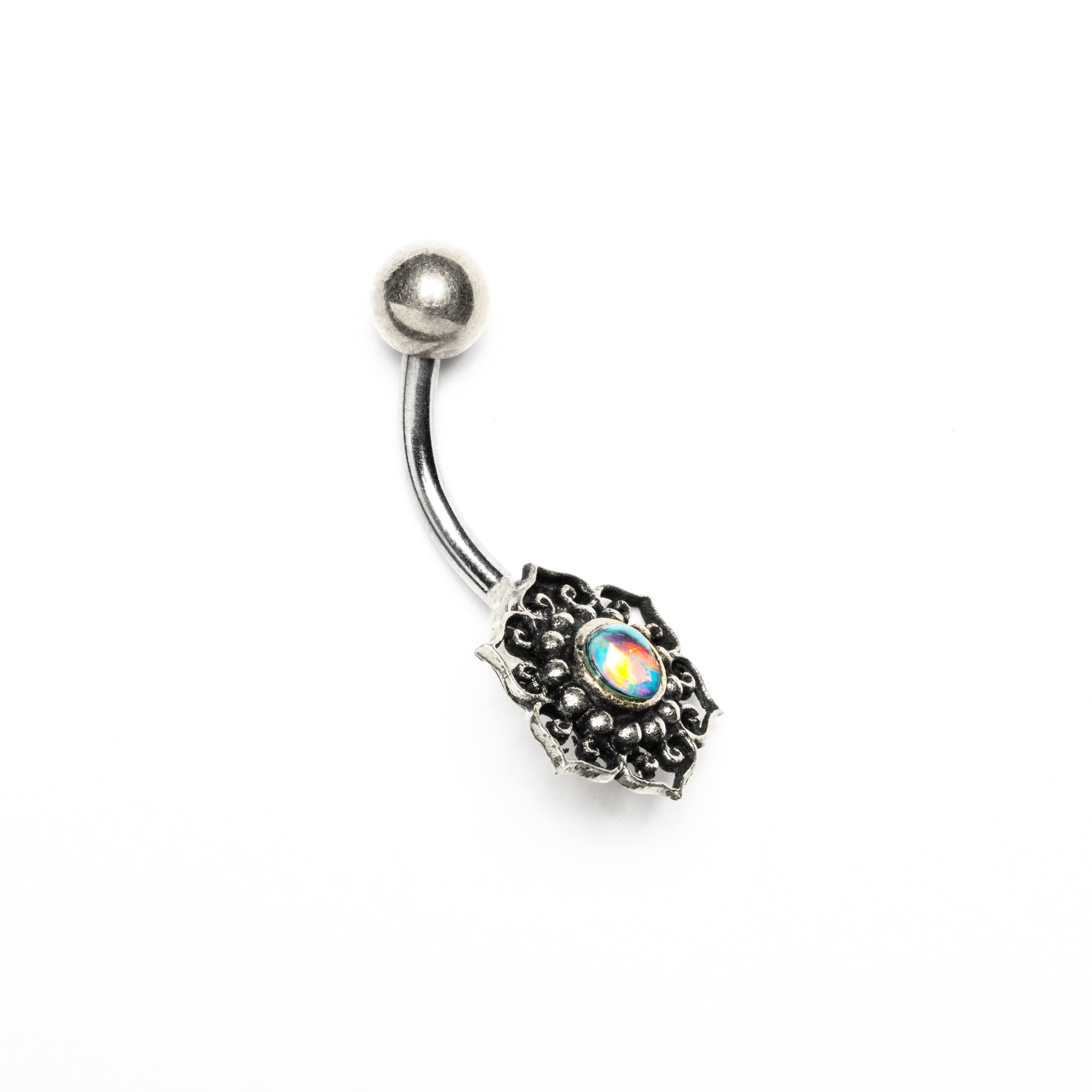 Silver Tribal Flower with Opal Belly Bar side view