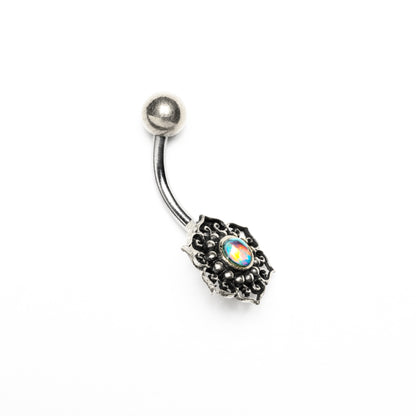 Silver Tribal Flower with Opal Belly Bar side view