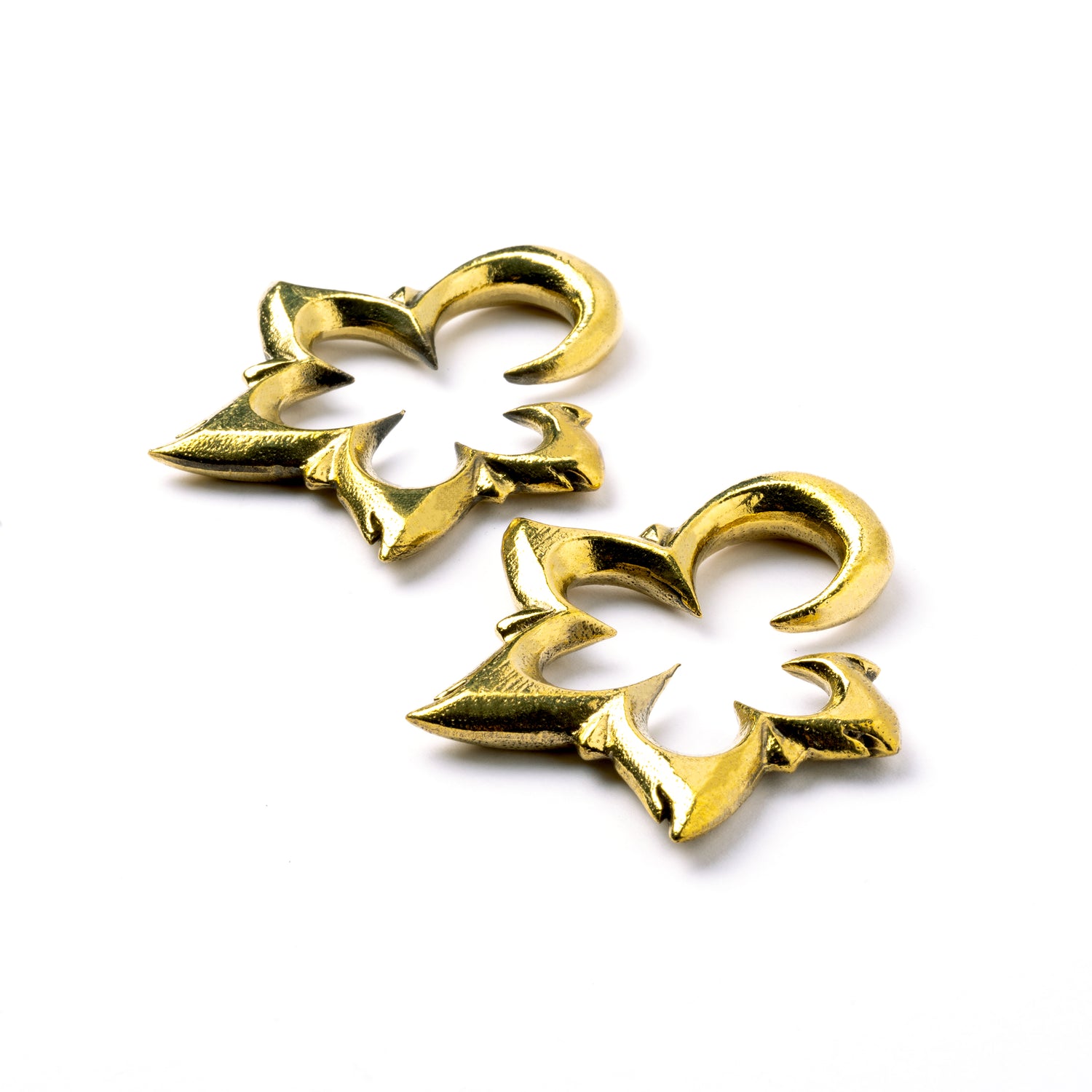pair of gold brass flower open shape ear weights hangers left side view