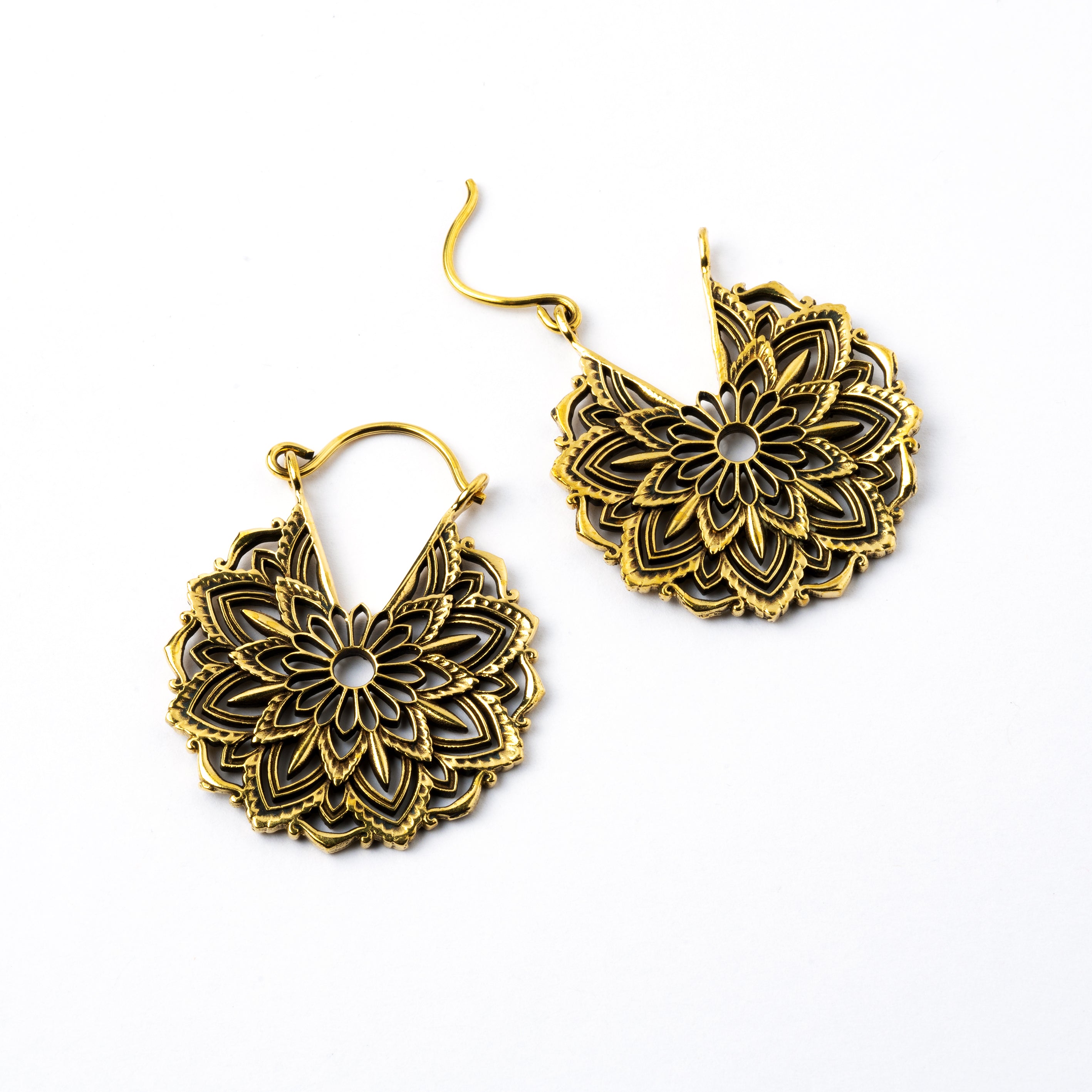 pair of golden brass lotus flower hoop earrings open closure mode view