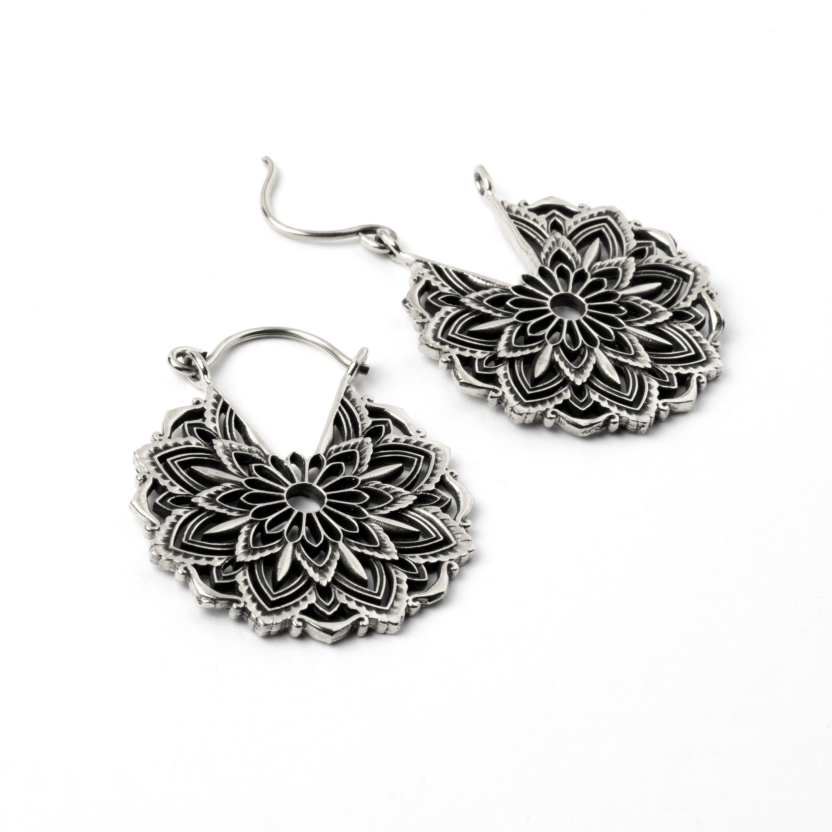 pair of white brass mandala lotus hoop earrings right side view