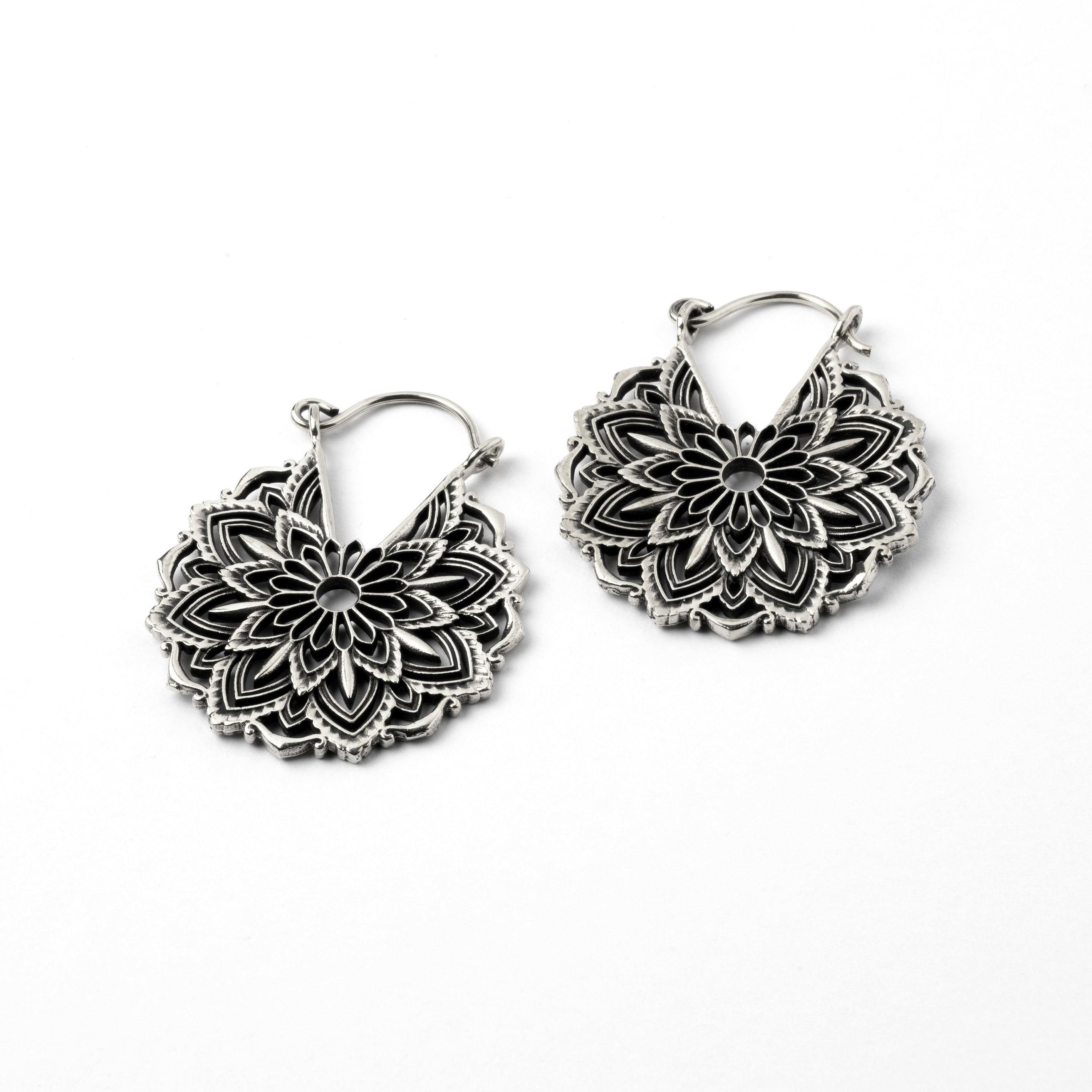 pair of white brass mandala lotus hoop earrings left side view