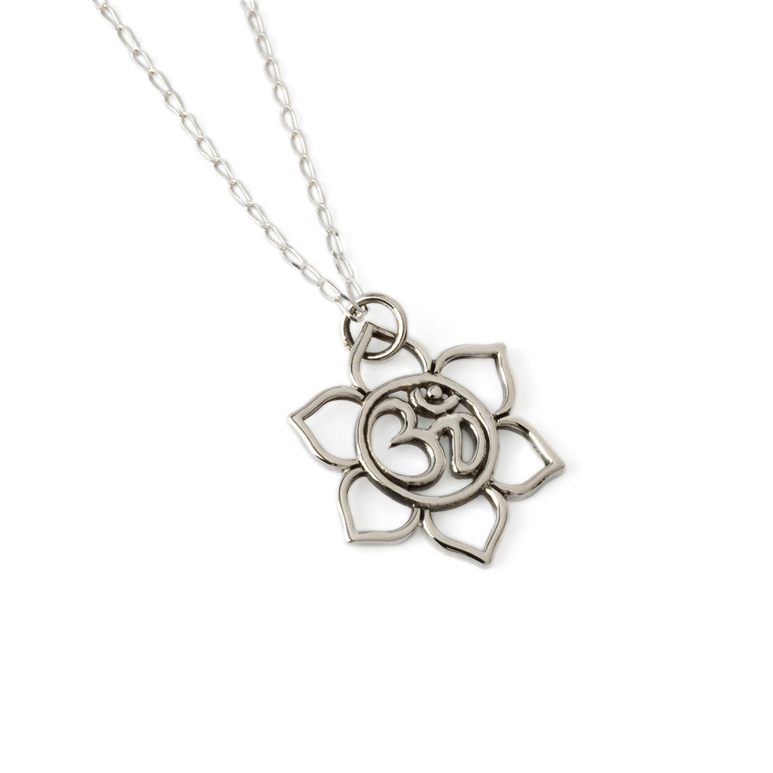 Lotus inspired Om charm necklace right side view