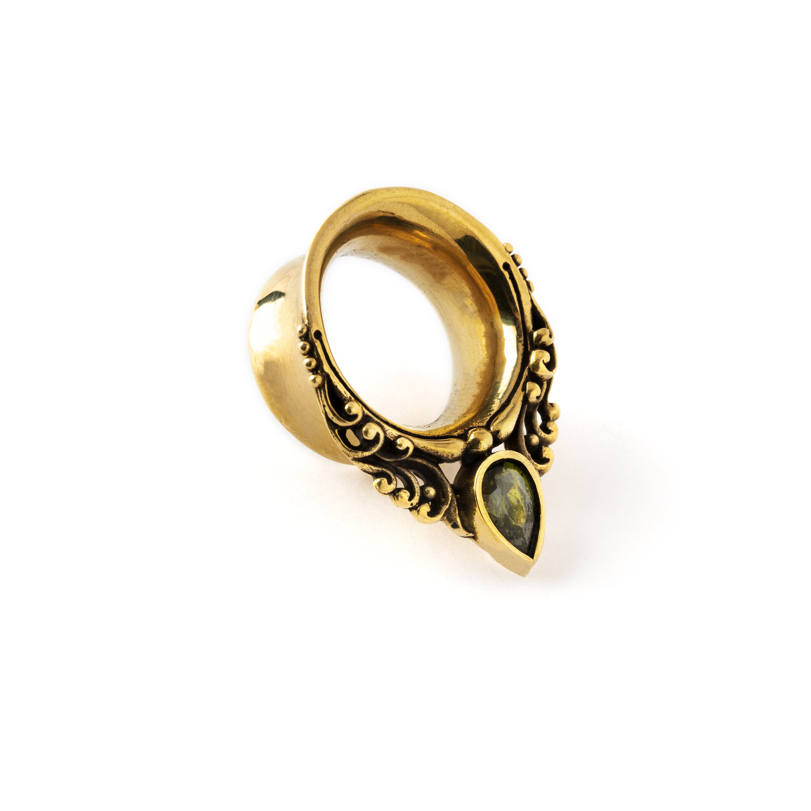 golden victorian ear plugs tunnel in teardrop shape with peridot gem side view