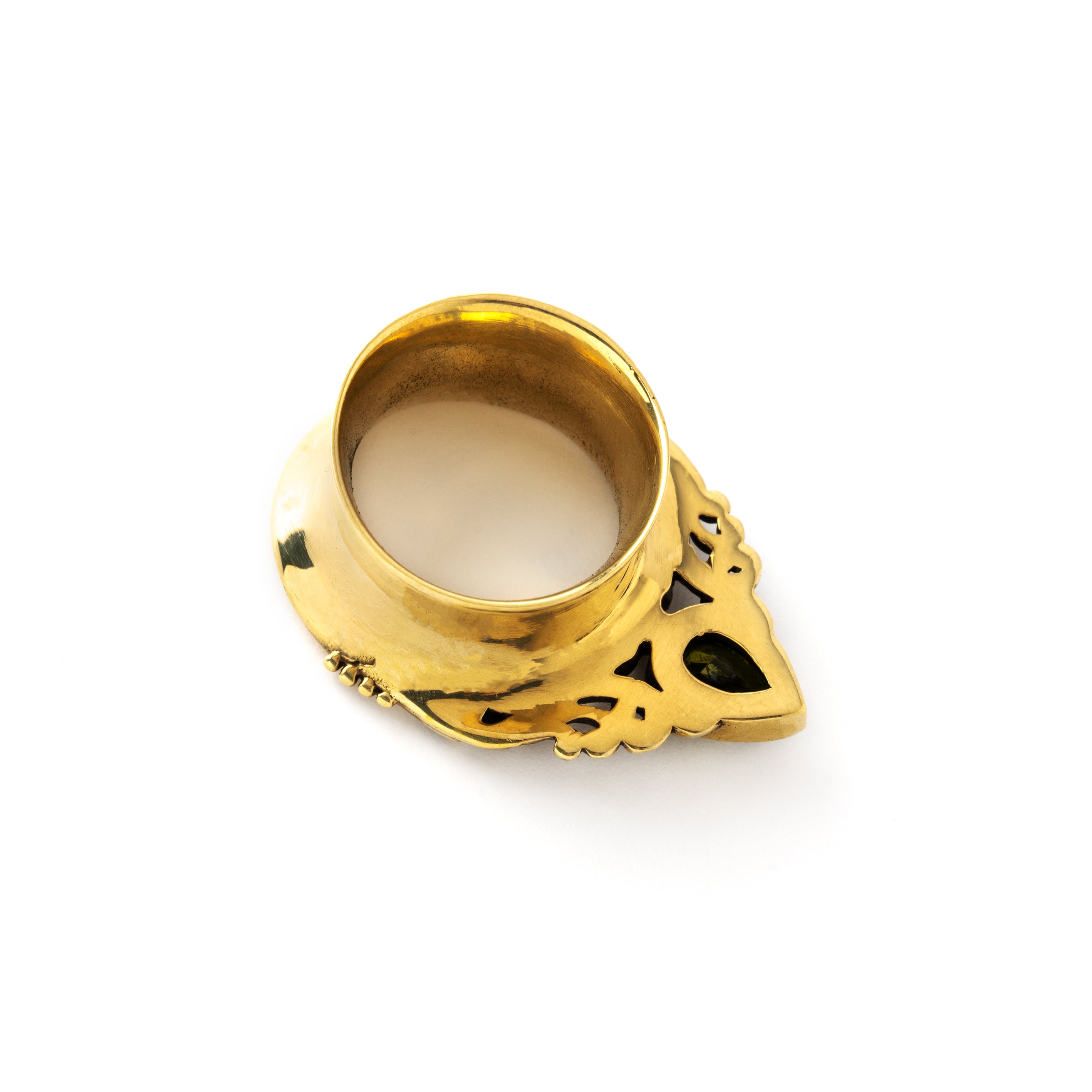 golden victorian ear plugs tunnel in teardrop shape with peridot gem back view