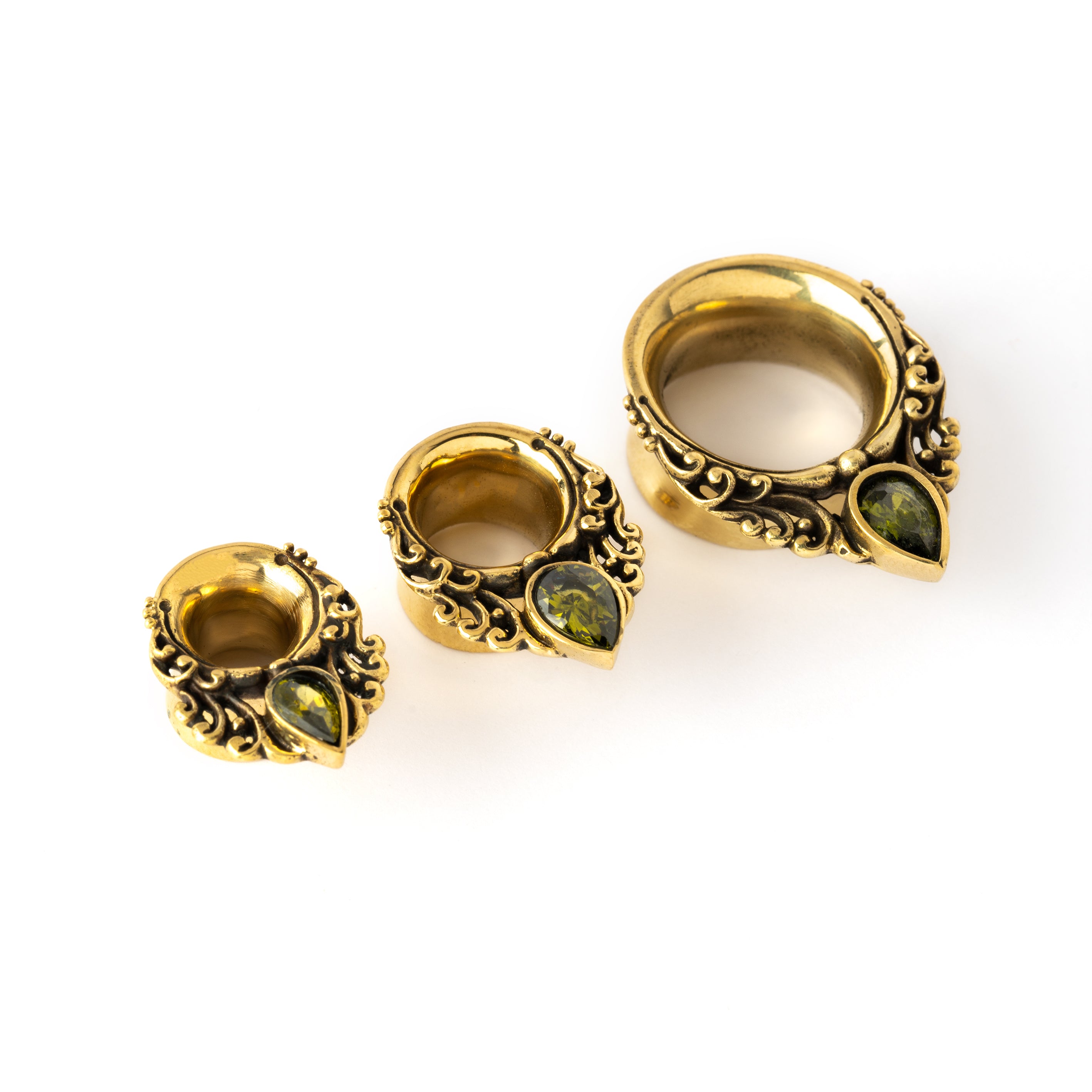 golden victorian ear plugs tunnel in teardrop shape with peridot gem in different sizes